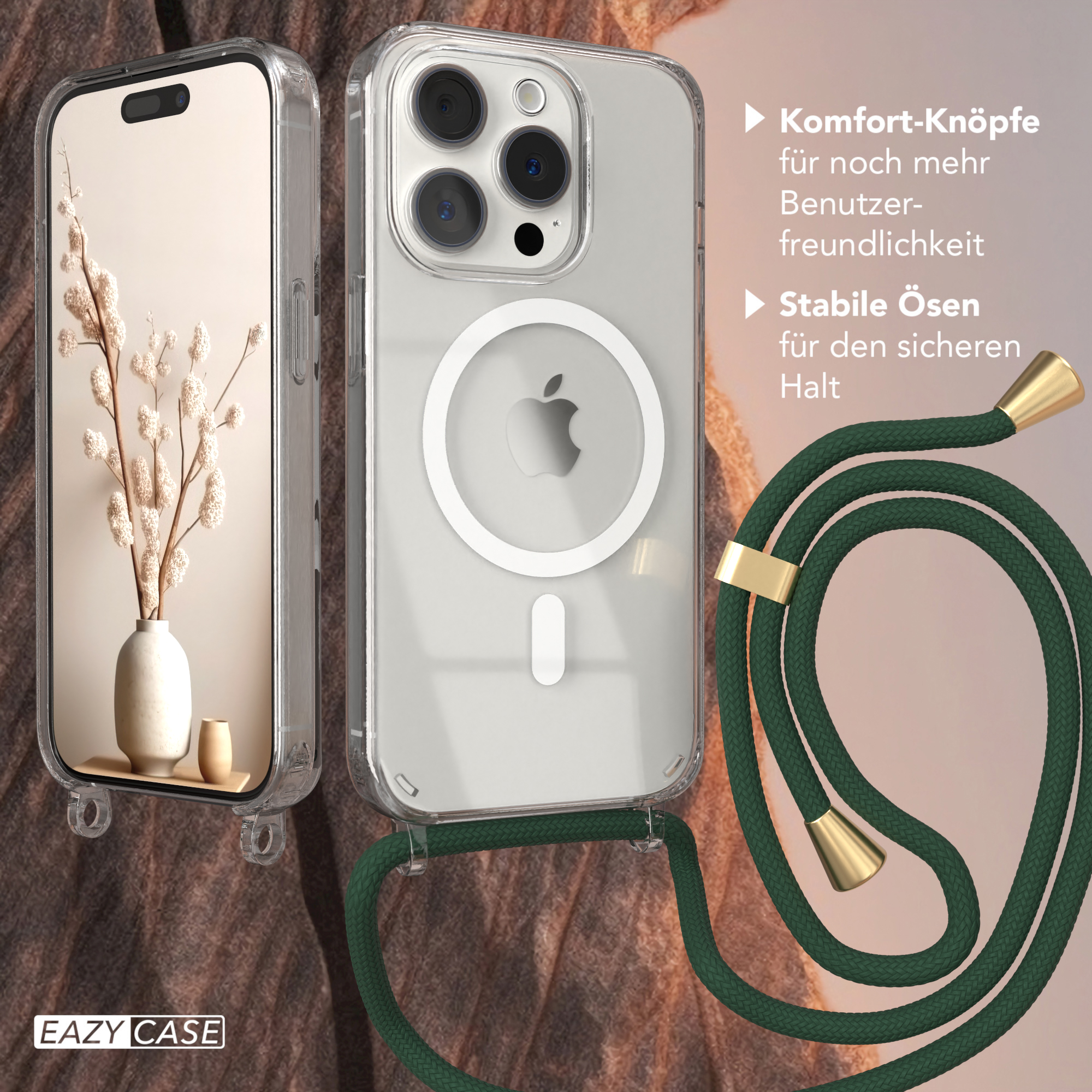 Transparente Handyhülle mit grünem Band. Telefon und Hülle zeigen eine Blumenvase.