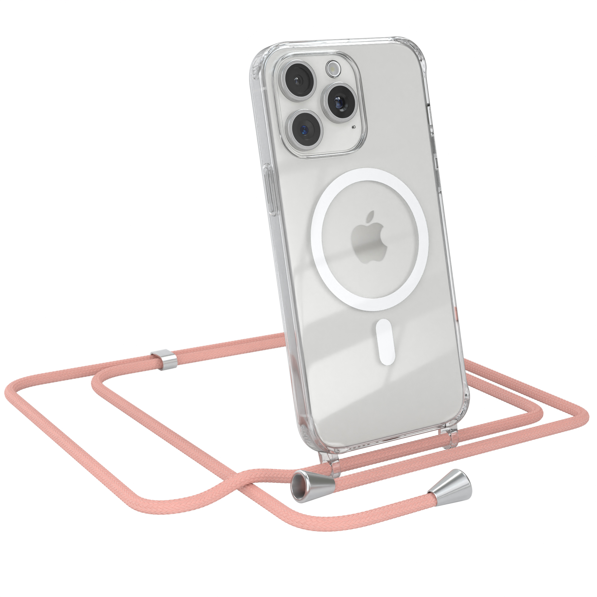 Transparente Handyhülle mit pinkfarbenem Umhängeband. Das Telefon hat eine Kamera und einen weißen Kreis hinten.