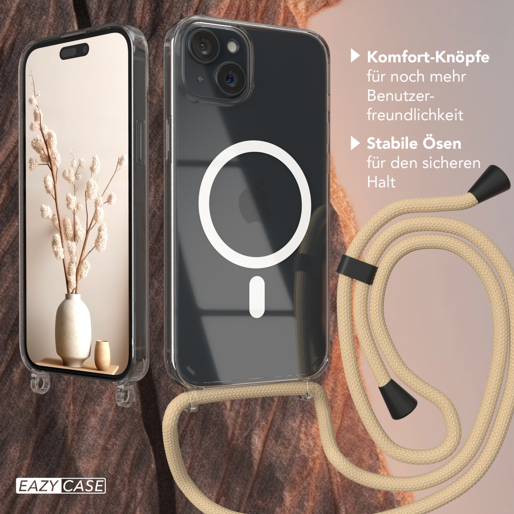 Ein Telefon, zwei Handyhüllen und ein Seil. Das Telefon ist transparent. Die Hüllen sind transparent.