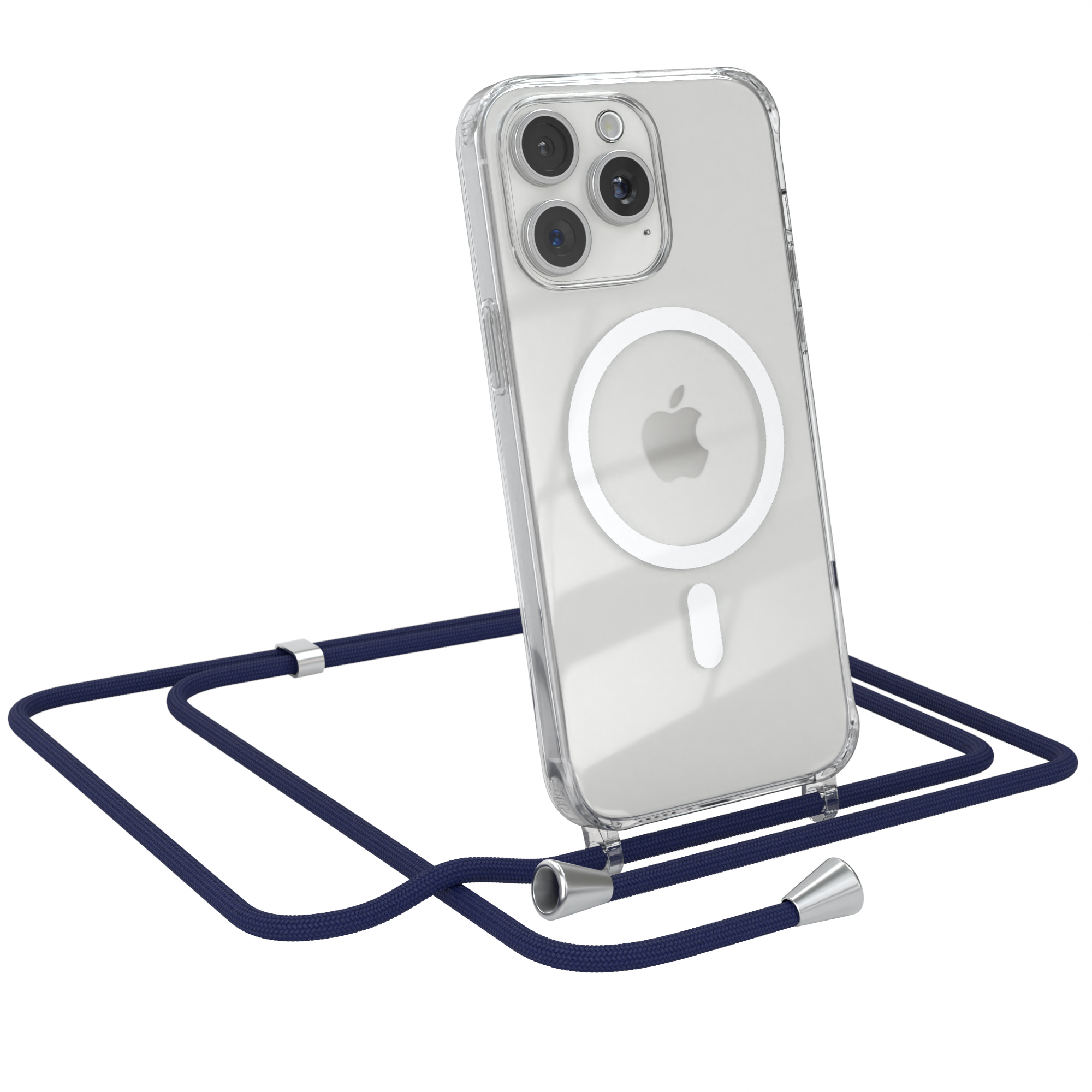 Transparente Handyhülle mit Lanyard. Das Telefon hat ein weißes Apple-Logo und ein blaues Lanyard.