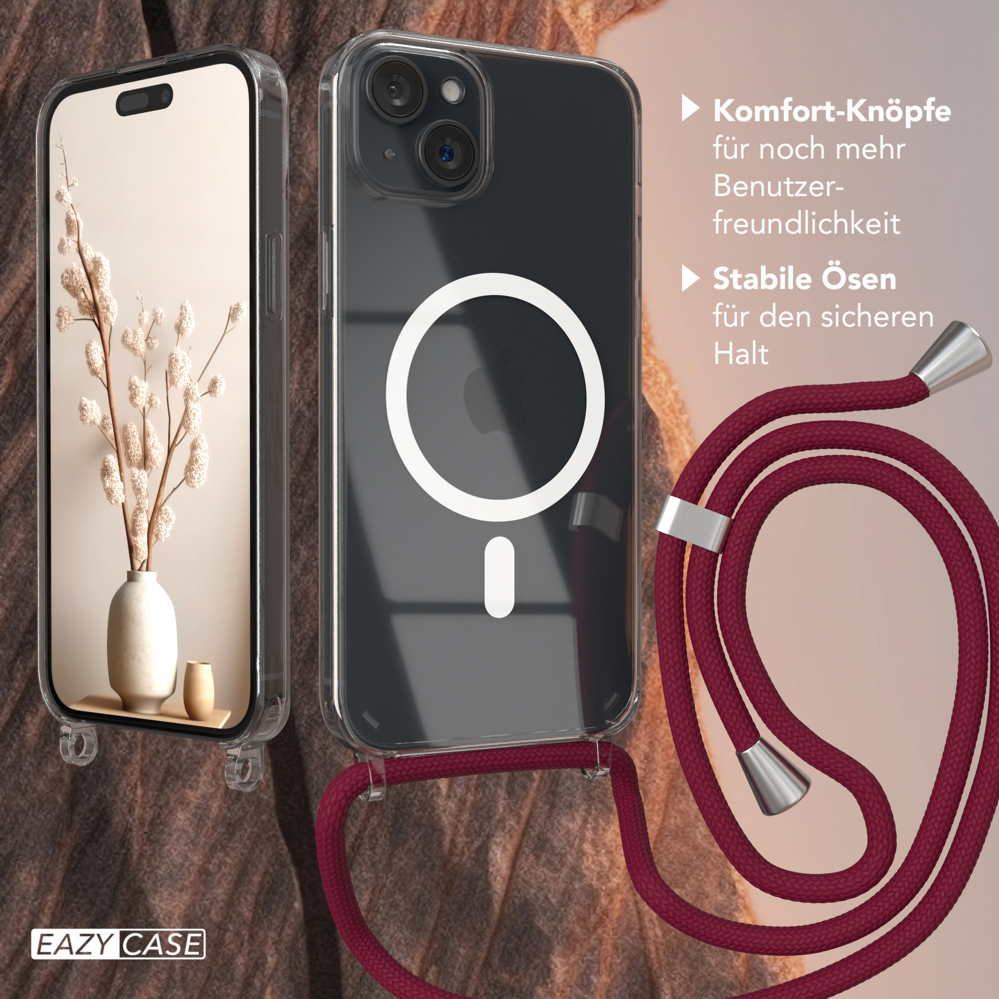 Eine durchsichtige Handyhülle mit Telefon und einer Vase mit Blumen. Ein rotes Band hängt an der Handyhülle.