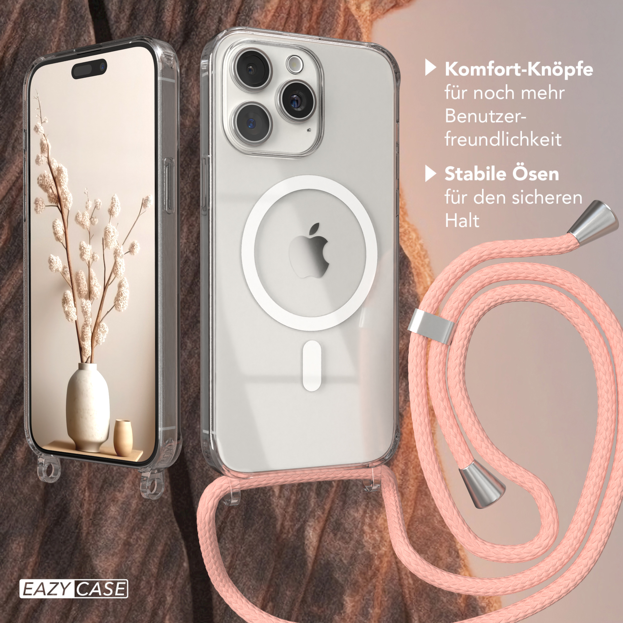 Handyhülle mit Riemen, Telefon in der Hülle und eine Vase mit Blumen und ein rosa Band.