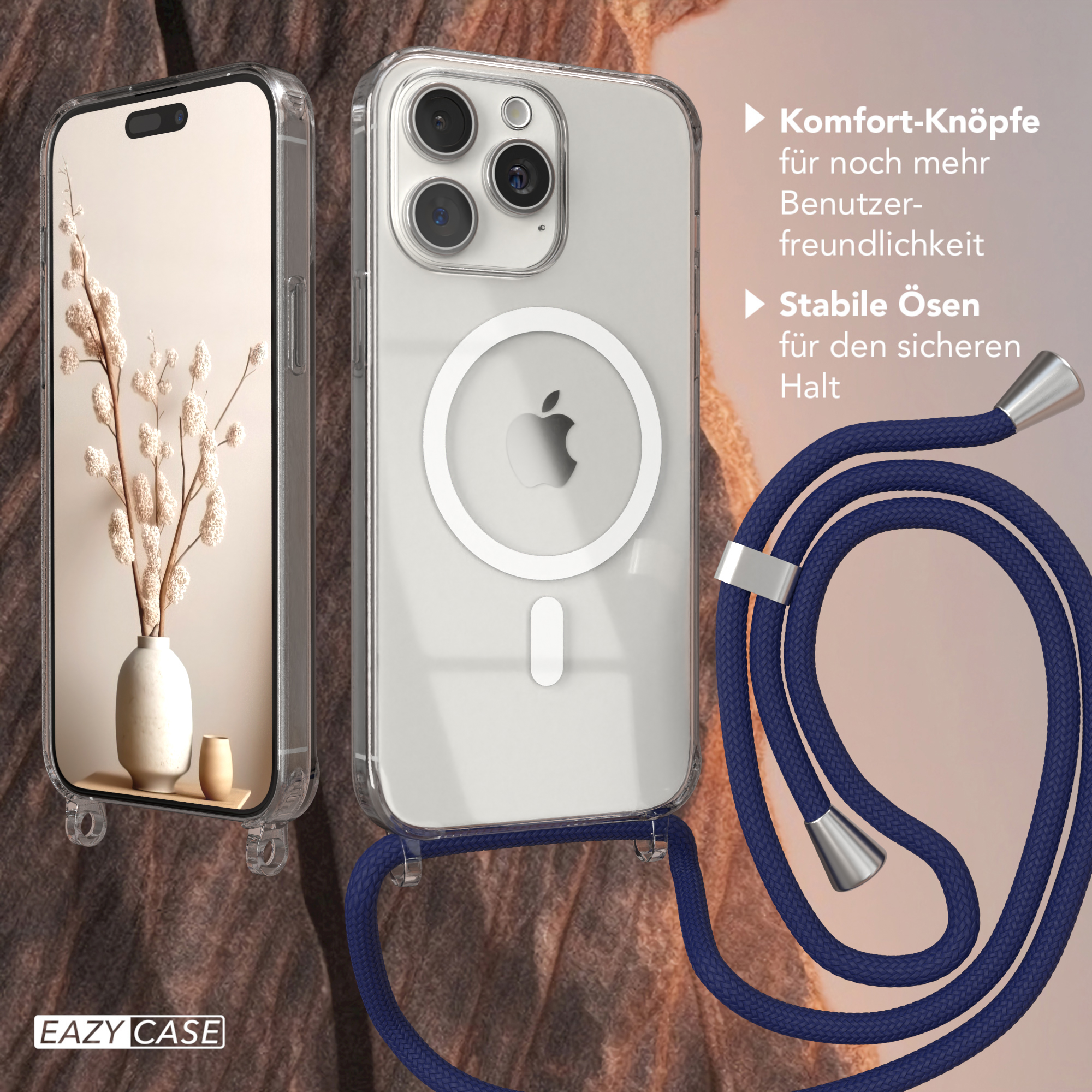 Hülle Magsafe / EAZY Pro iPhone Umhängetasche, CASE Handykette, Apple, Silber Clips 15 mit Max, Blau