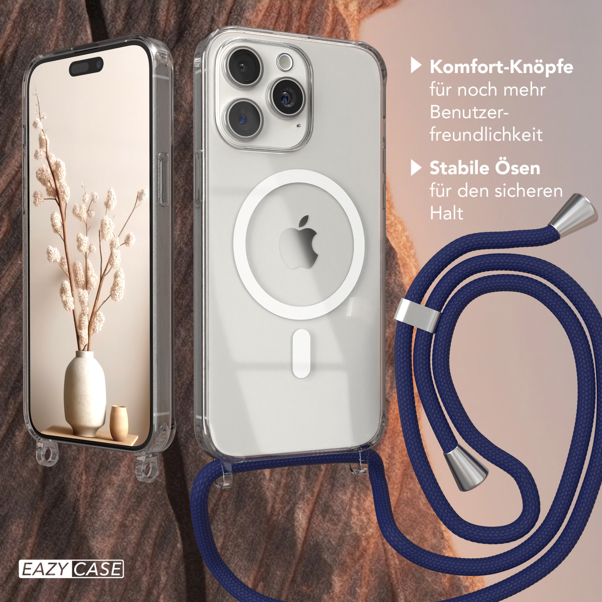 Eine Handyhülle mit Telefon, Lanyard und Details zu Komforttasten und stabilen Ösen.