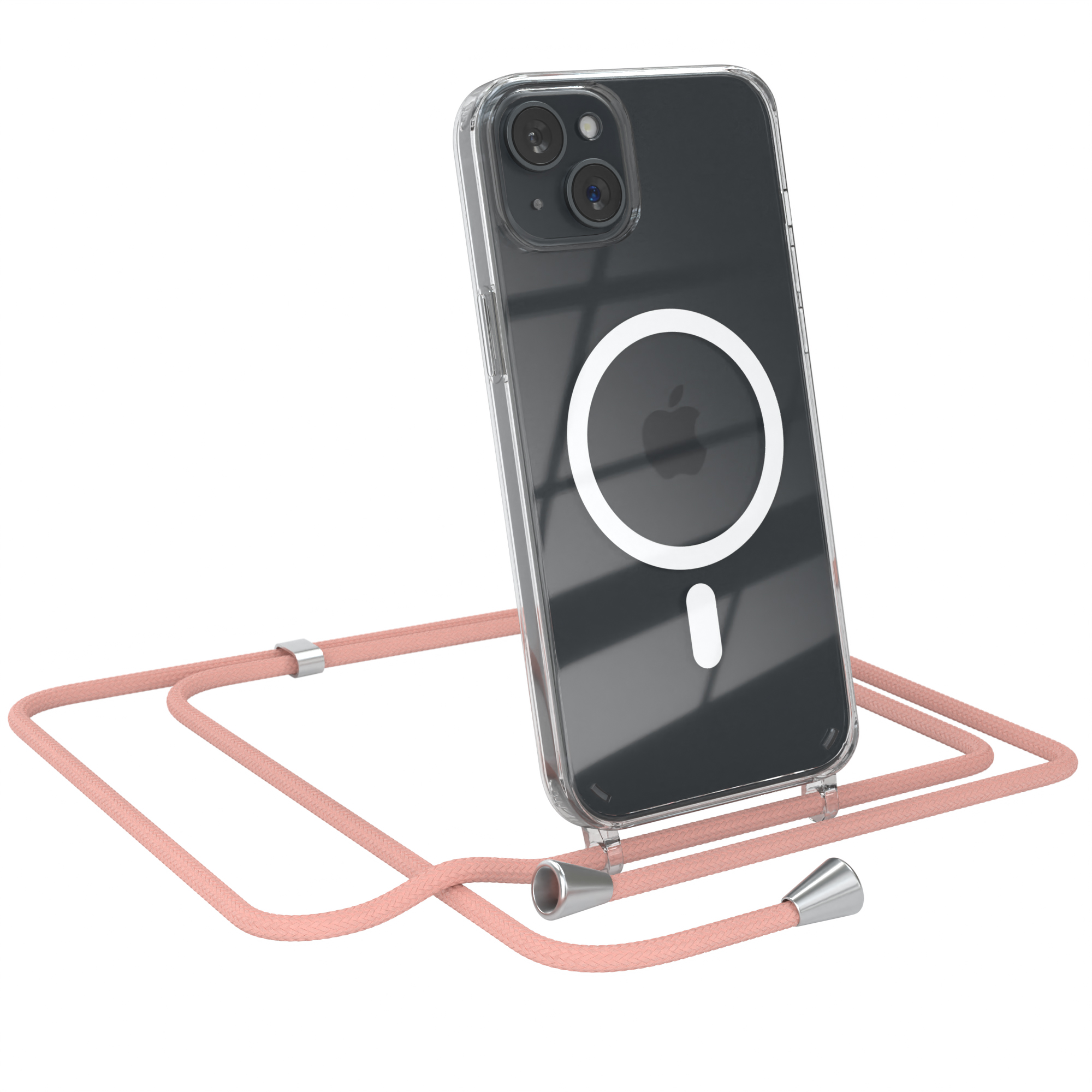 Transparente Handyhülle mit pinkfarbenem Riemen, der ein schwarzes Telefon hält. Weißer Hintergrund.