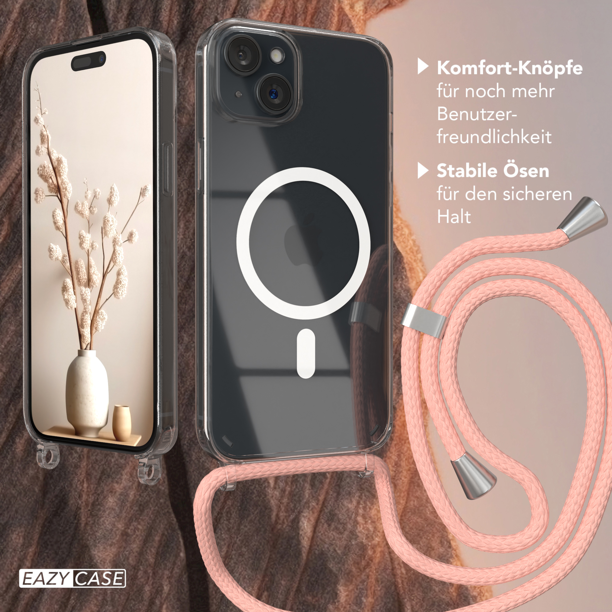 Telefon in klarer Hülle mit pinkfarbenem Lanyard. Zeigt das Telefon neben einer Vase mit Pflanze.