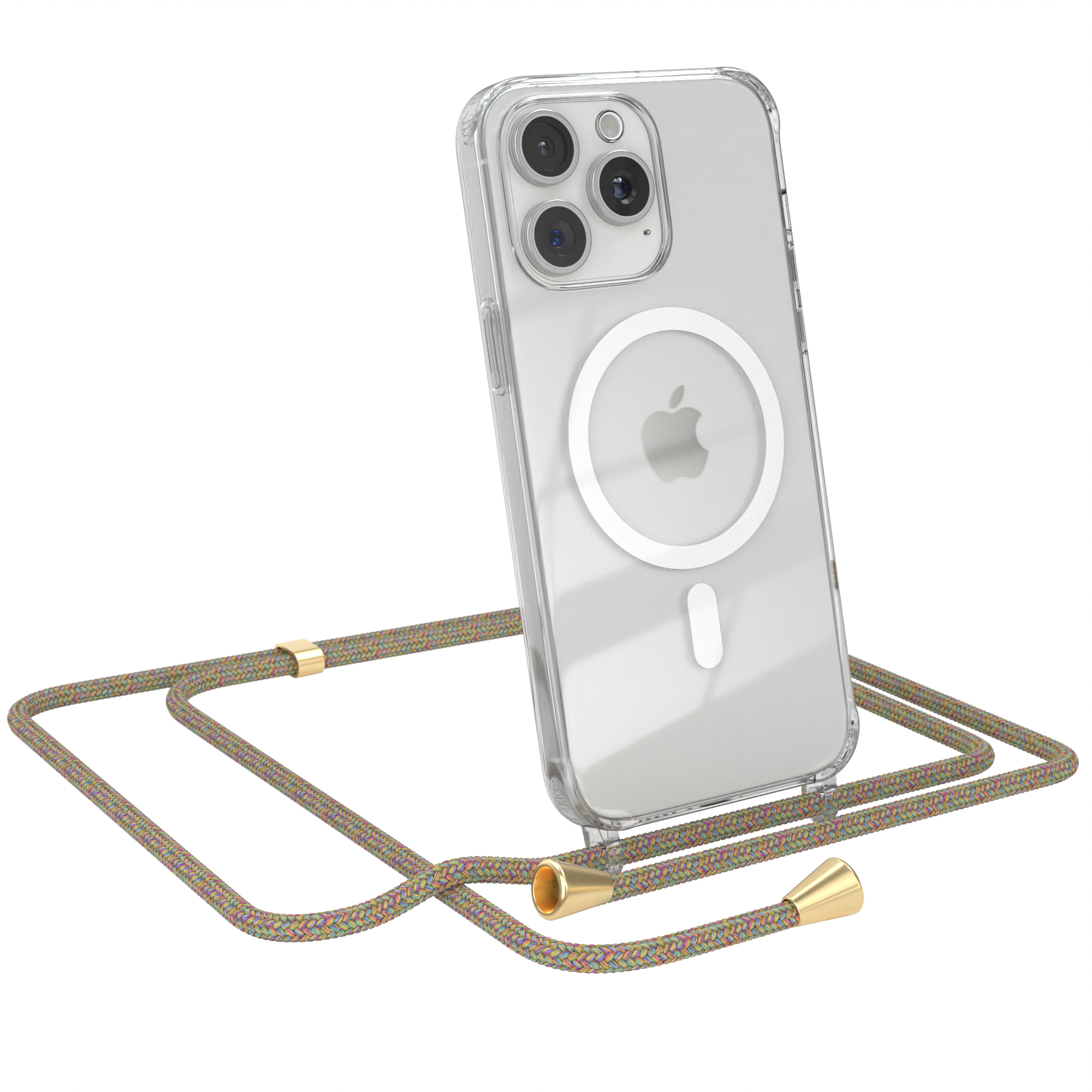 Transparente Handyhülle mit Riemen. iPhone mit drei Kameras und weißem MagSafe-Ring.