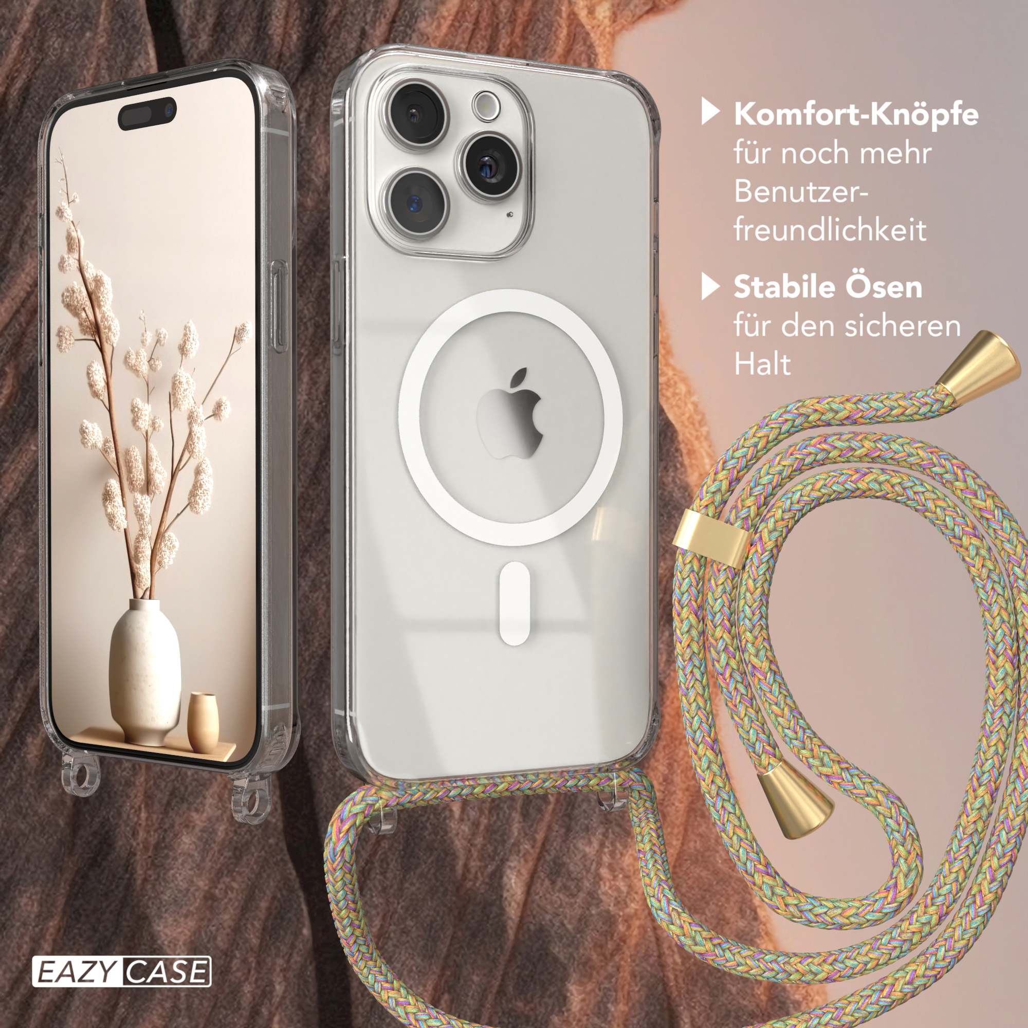Zwei Telefone in Hüllen mit einem Lanyard. Eine Vase mit Blumen ist hinter einem Telefon.