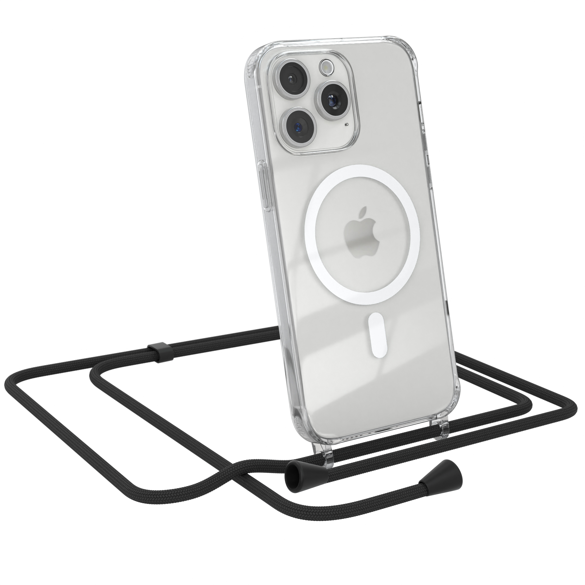 Transparente Handyhülle mit schwarzem Umhängeband. Telefon hat drei Kameras. Weißer Hintergrund.
