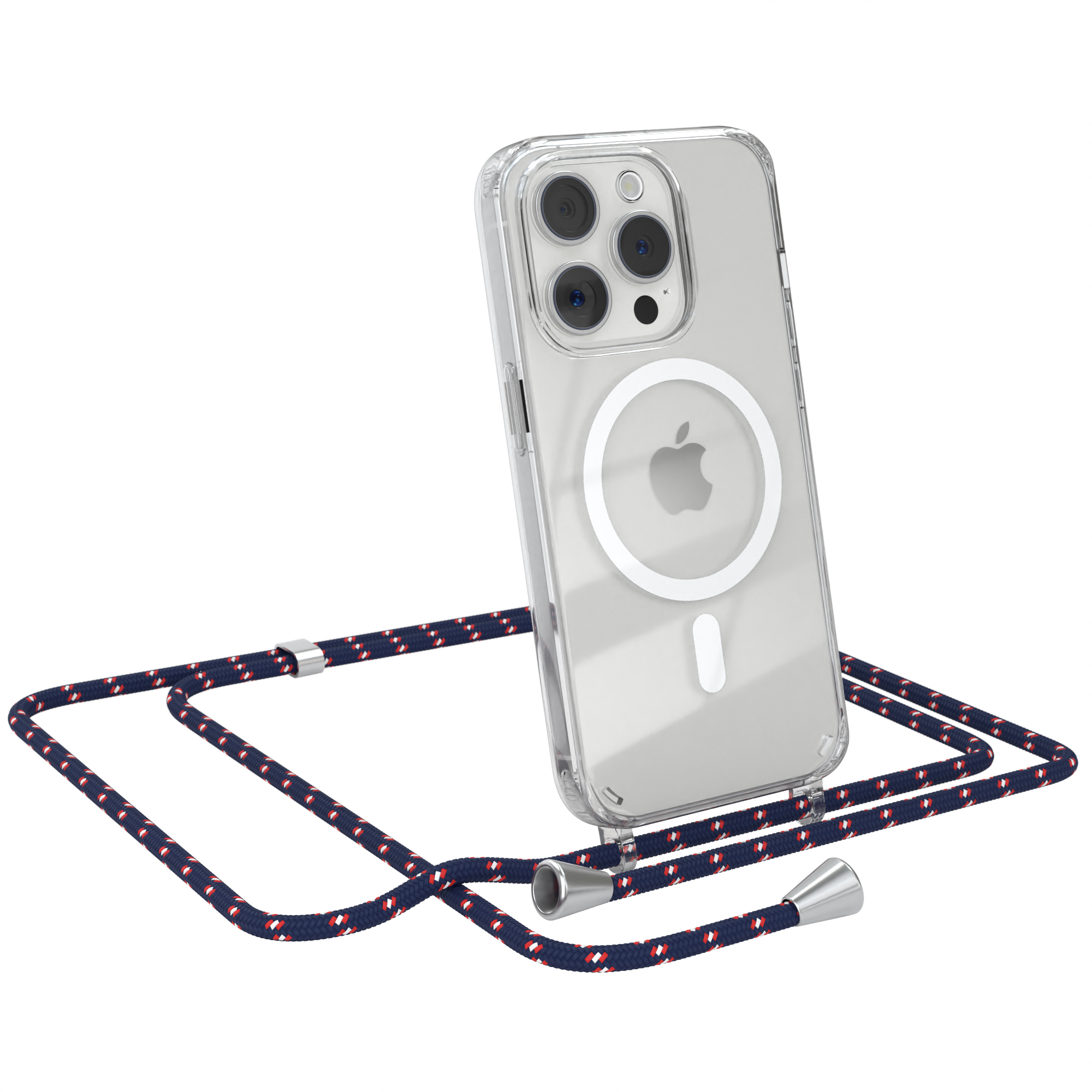 Transparente Handyhülle mit Telefon, zeigt Apple-Logo, mit Lanyard.