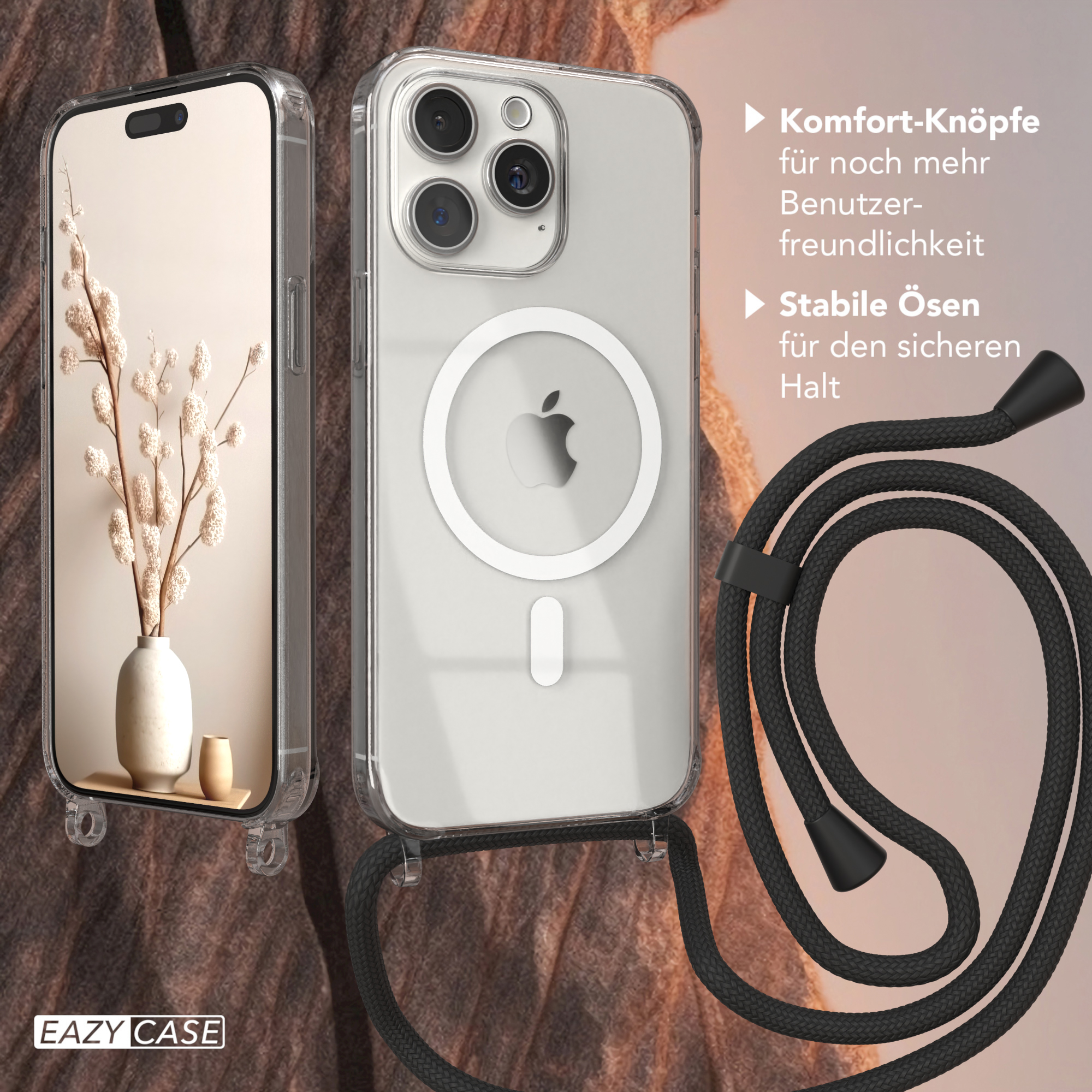 Klare Handyhülle mit Telefon und Kabel. Vase mit Pflanzen links. Texte rechts.