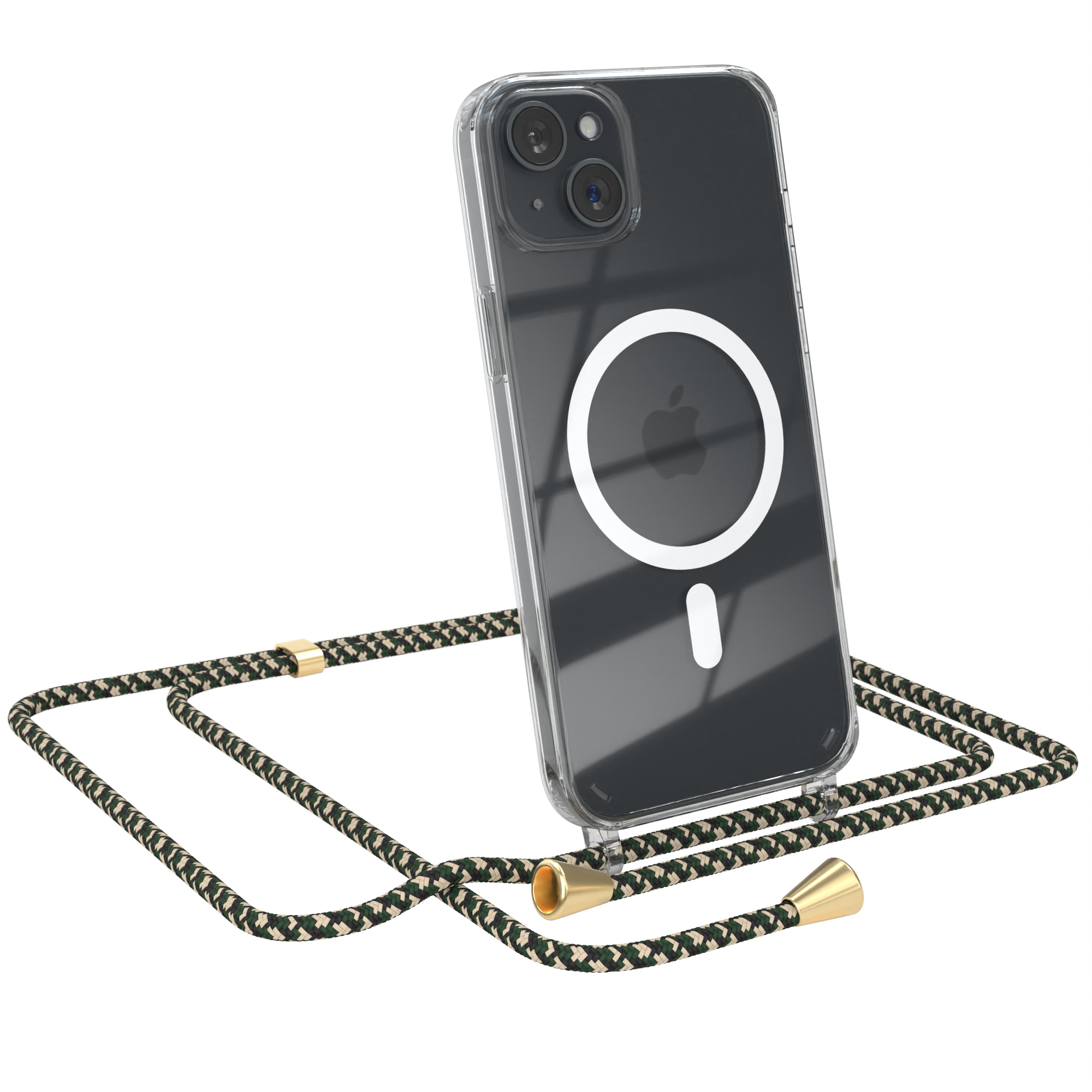 Ein Telefon mit einer transparenten Hülle und einem Band im Seil-Stil. Das Telefon befindet sich auf weißem Hintergrund.