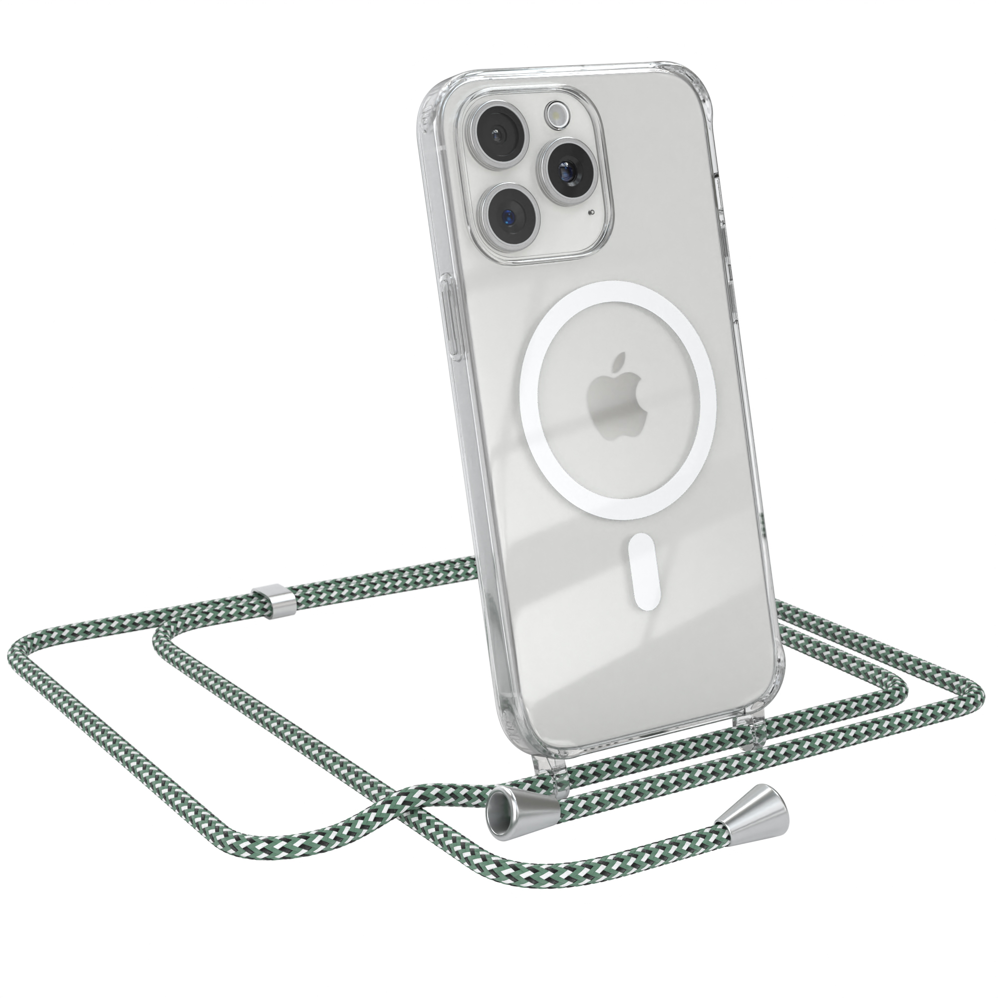 Transparente Handyhülle mit weißem Apple-Logo. Grün-weißes Umhängeband.
