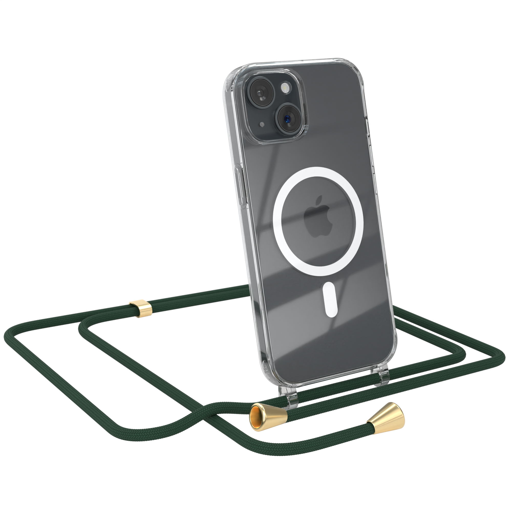 Ein Telefon in einer durchsichtigen Hülle mit grünem Band hängt. Die Hülle hat einen weißen Kreis auf der Rückseite.