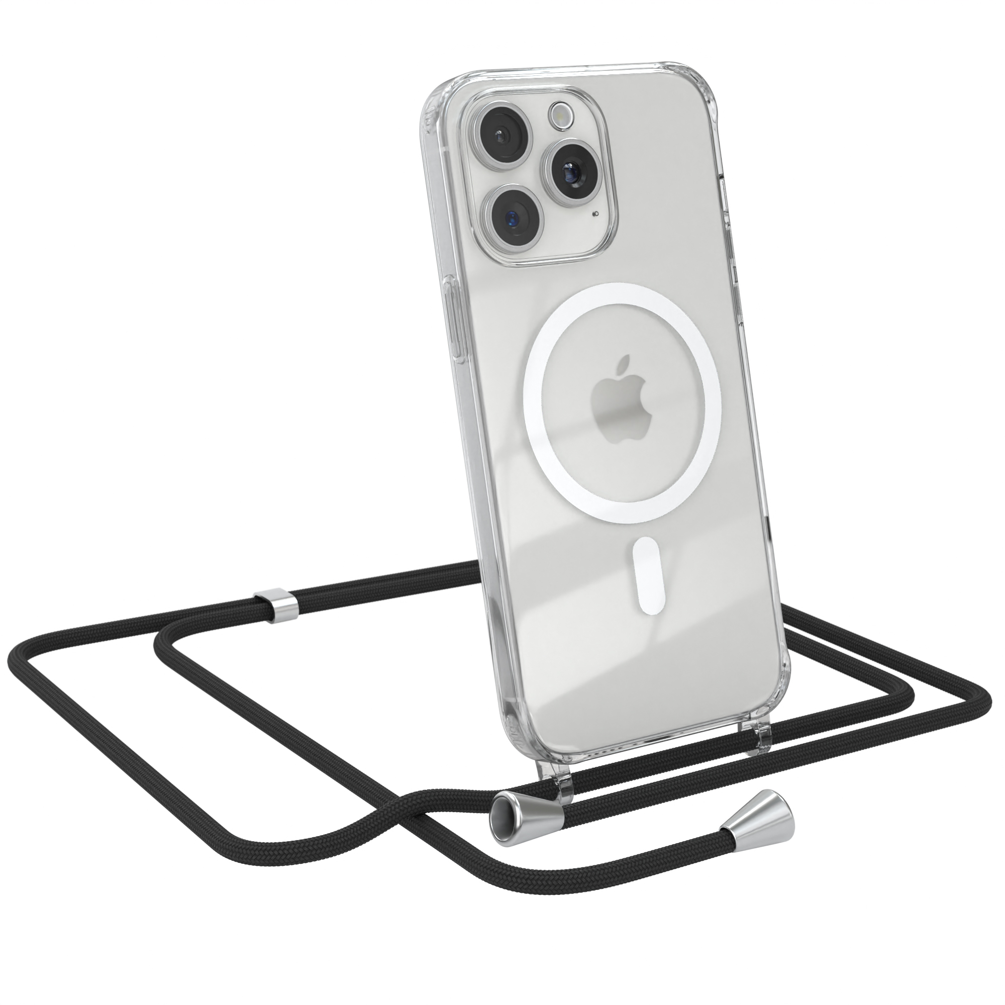 Transparente Handyhülle mit schwarzem Umhängeband. Das Telefon ist abgewinkelt.