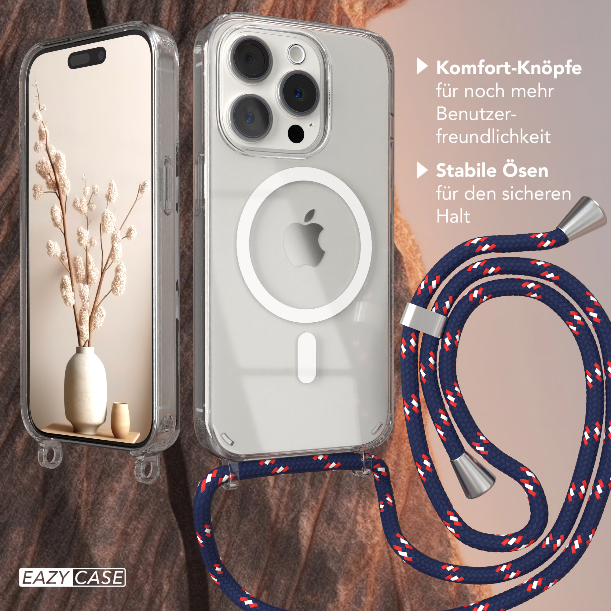 CASE mit Apple, Pro, Silber Hülle Camouflage Umhängetasche, Clips 15 iPhone Handykette, EAZY Blau / Magsafe