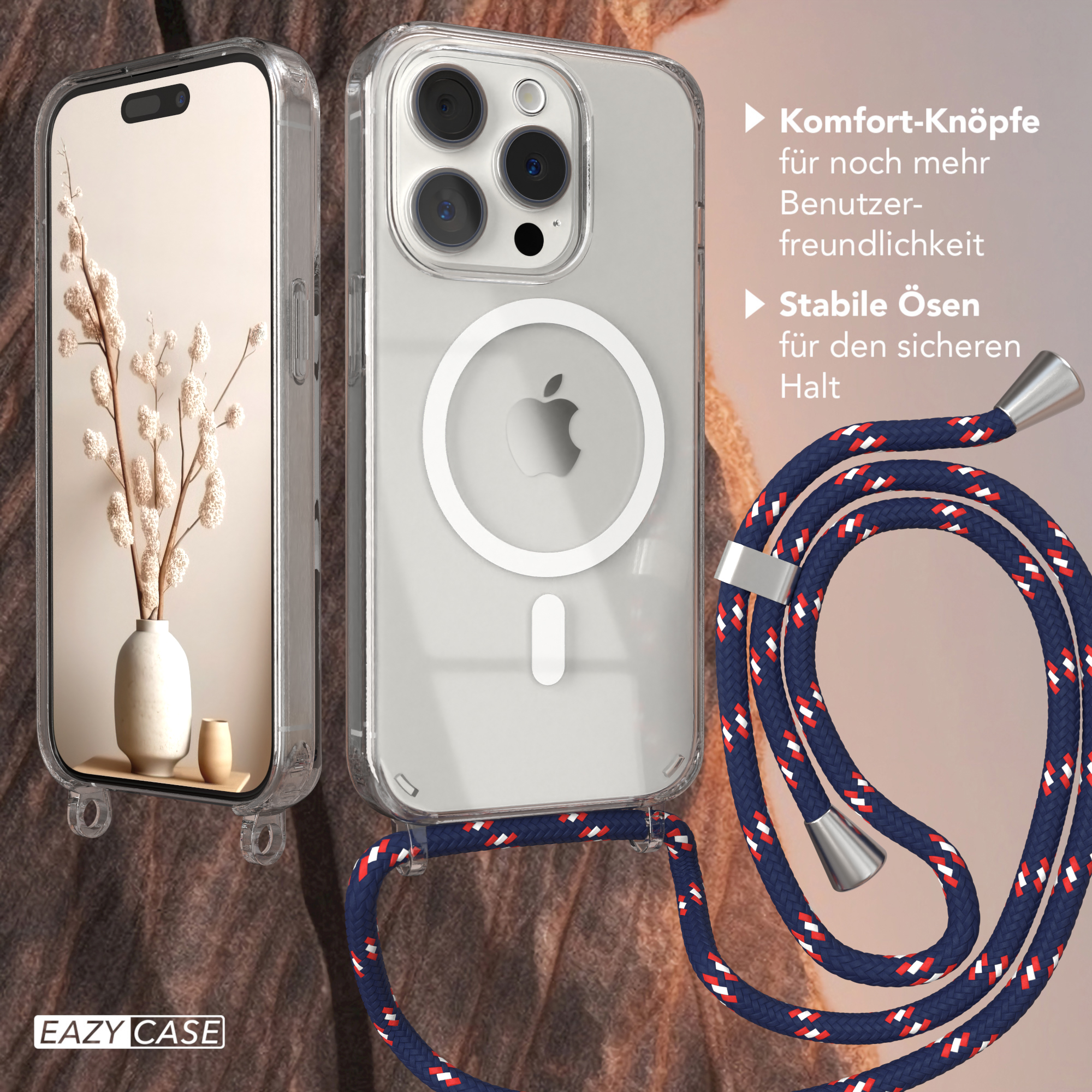 Telefon mit klarer Hülle und rot/weißem Band, Text und einer Vase.