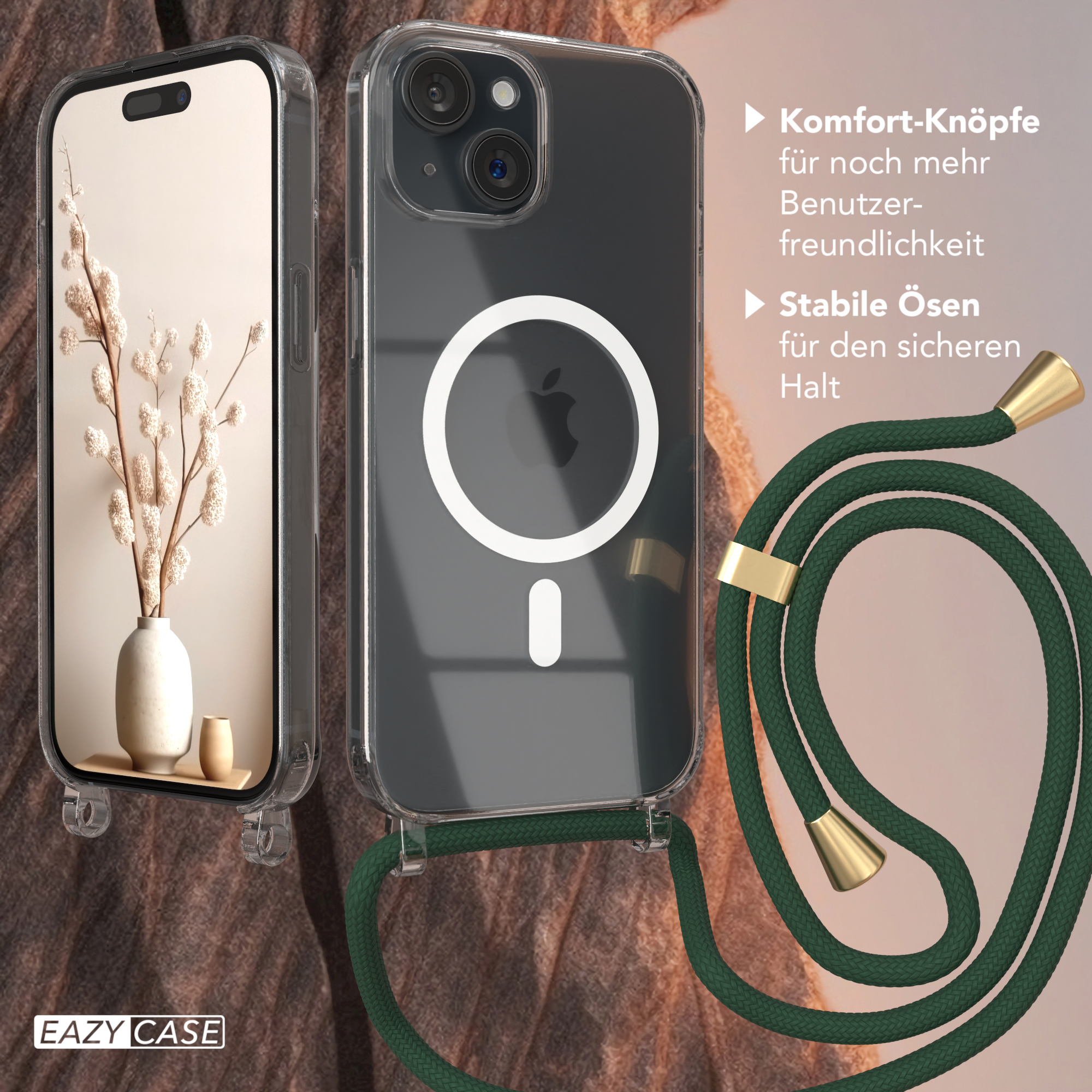 Handyhülle mit grünem Kabel und grünem Band. Die Handyhülle ist klar und hat einen weißen Kreis.