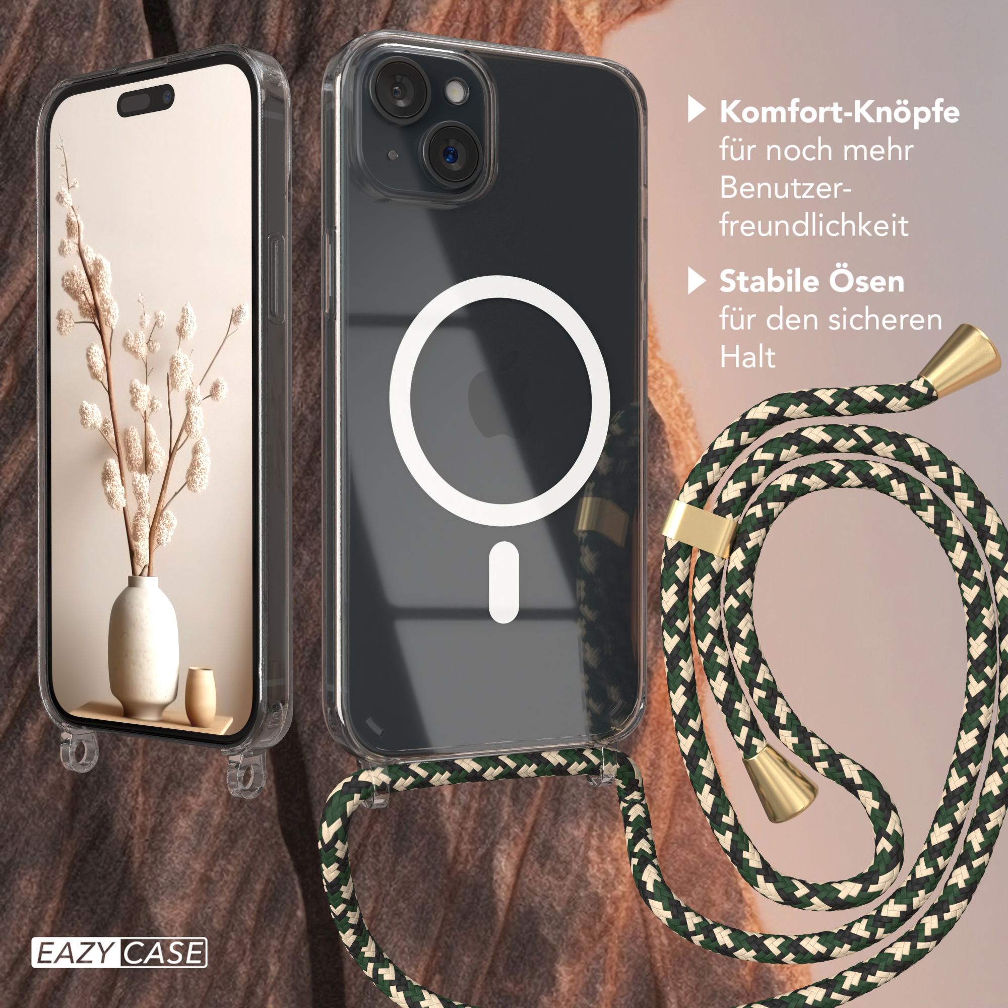 Ein Telefon mit klarer Hülle und Trageriemen. Die Hülle zeigt ein Telefon mit Zweig in einer Vase.