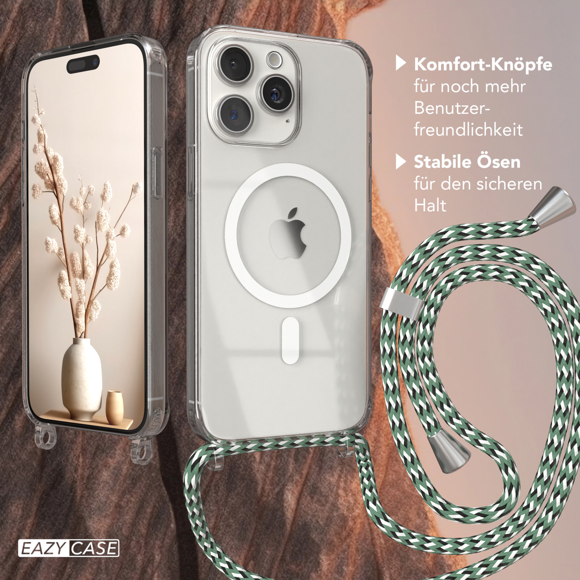 Eine Handyhülle mit durchsichtigem Rücken, einem grünen Lanyard und dem Text 'EAZY CASE'.