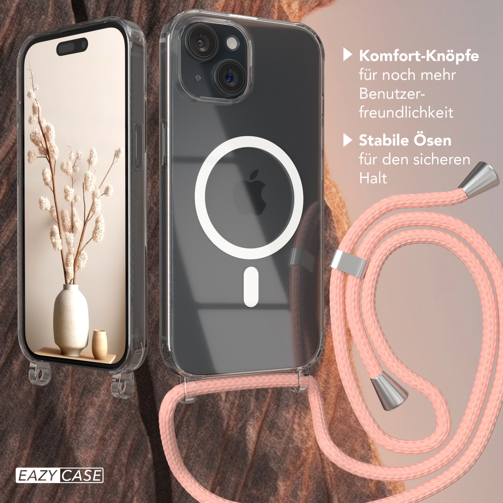 Transparente Handyhülle mit rosa Gurt, Telefon darin und kleine Vase auf der linken Seite.