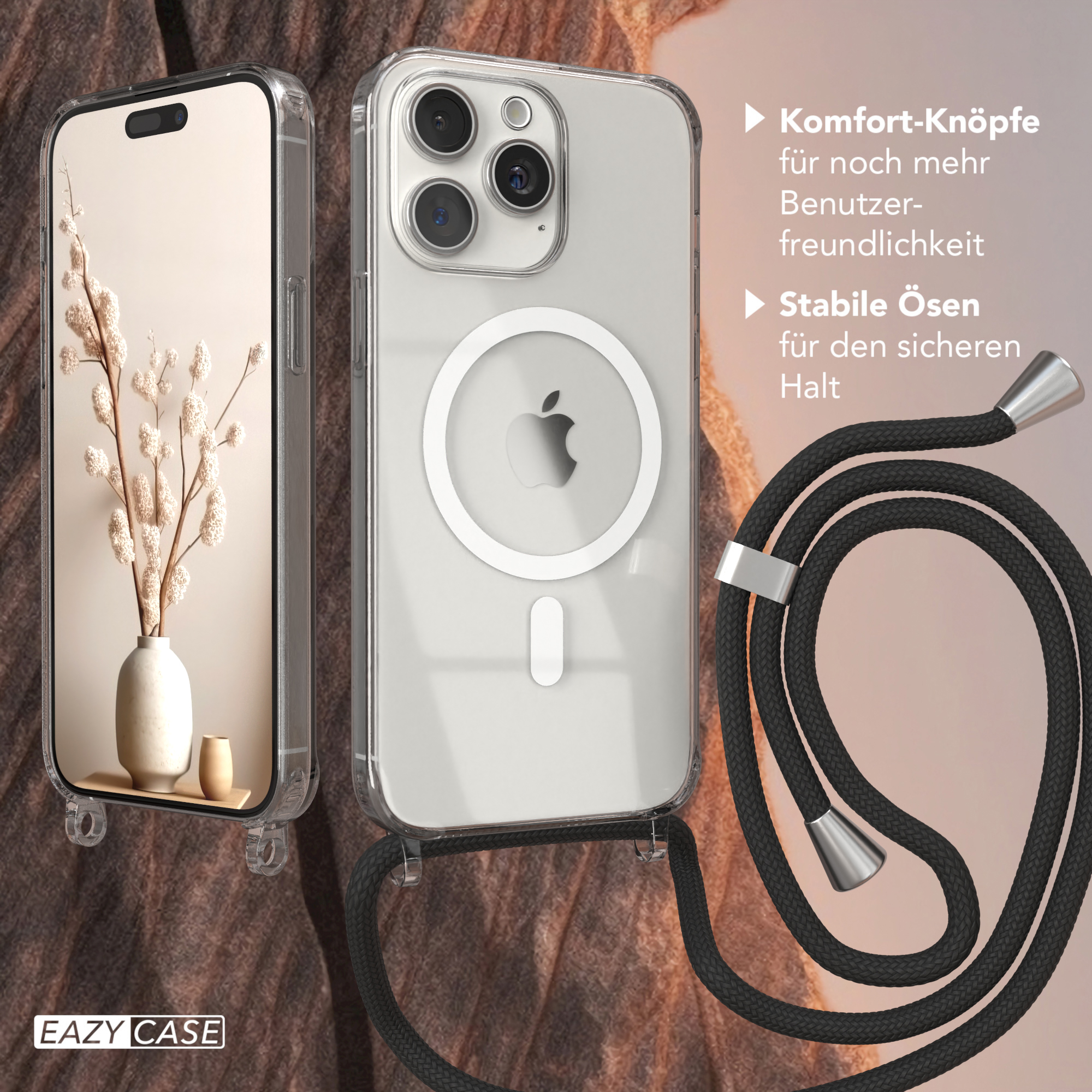 EAZY Clips Umhängetasche, mit iPhone Magsafe Silber Hülle Max, 15 / CASE Handykette, Schwarz Apple, Pro
