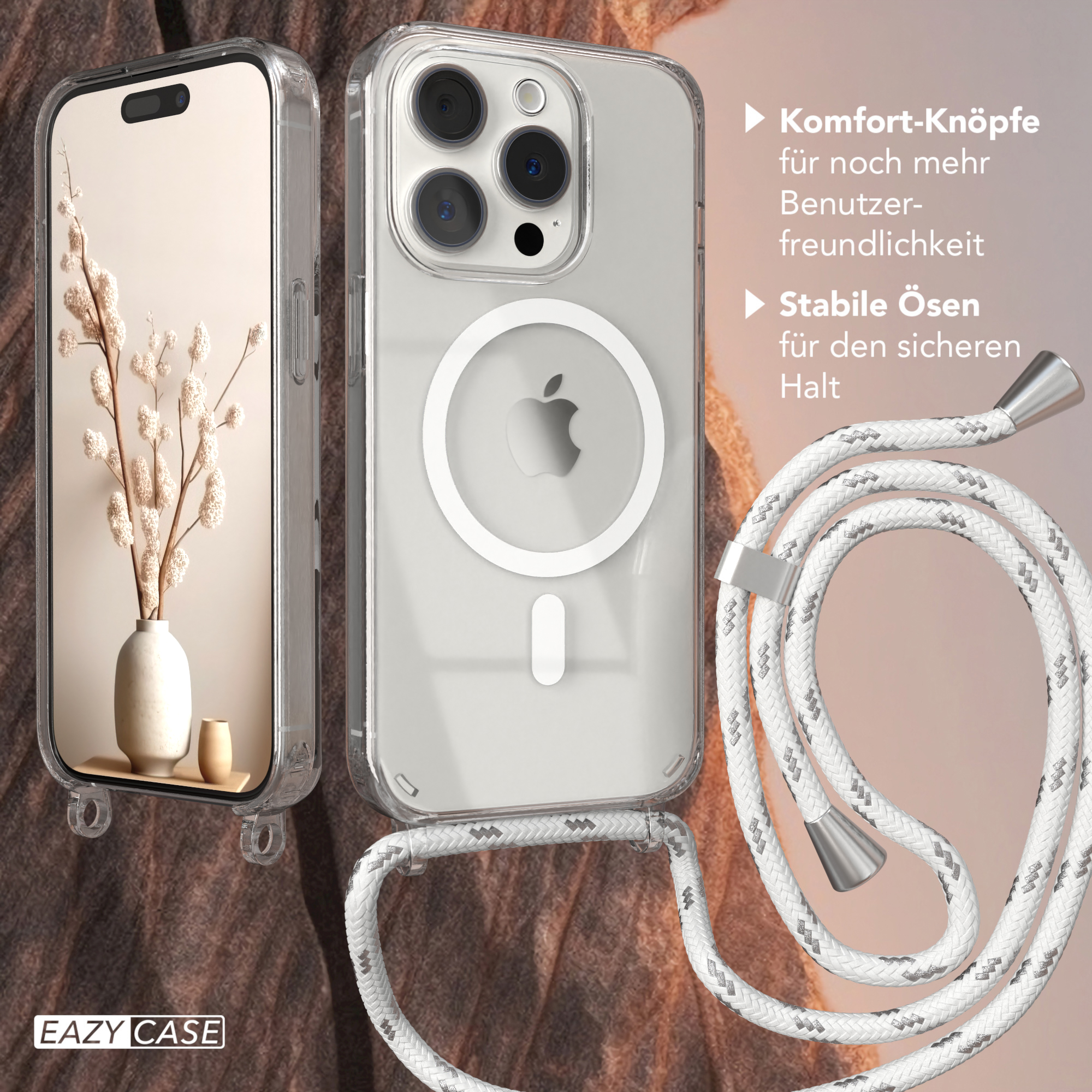 Transparente Handyhülle mit weißem Kordel. Es gibt ein Telefon mit klarer Hülle und eine Vase mit Blumen.