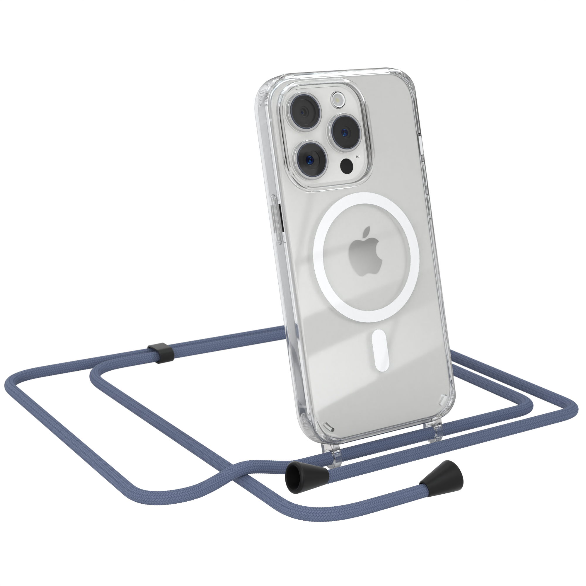 Ein Telefon in einer transparenten Hülle mit blauem Riemen.