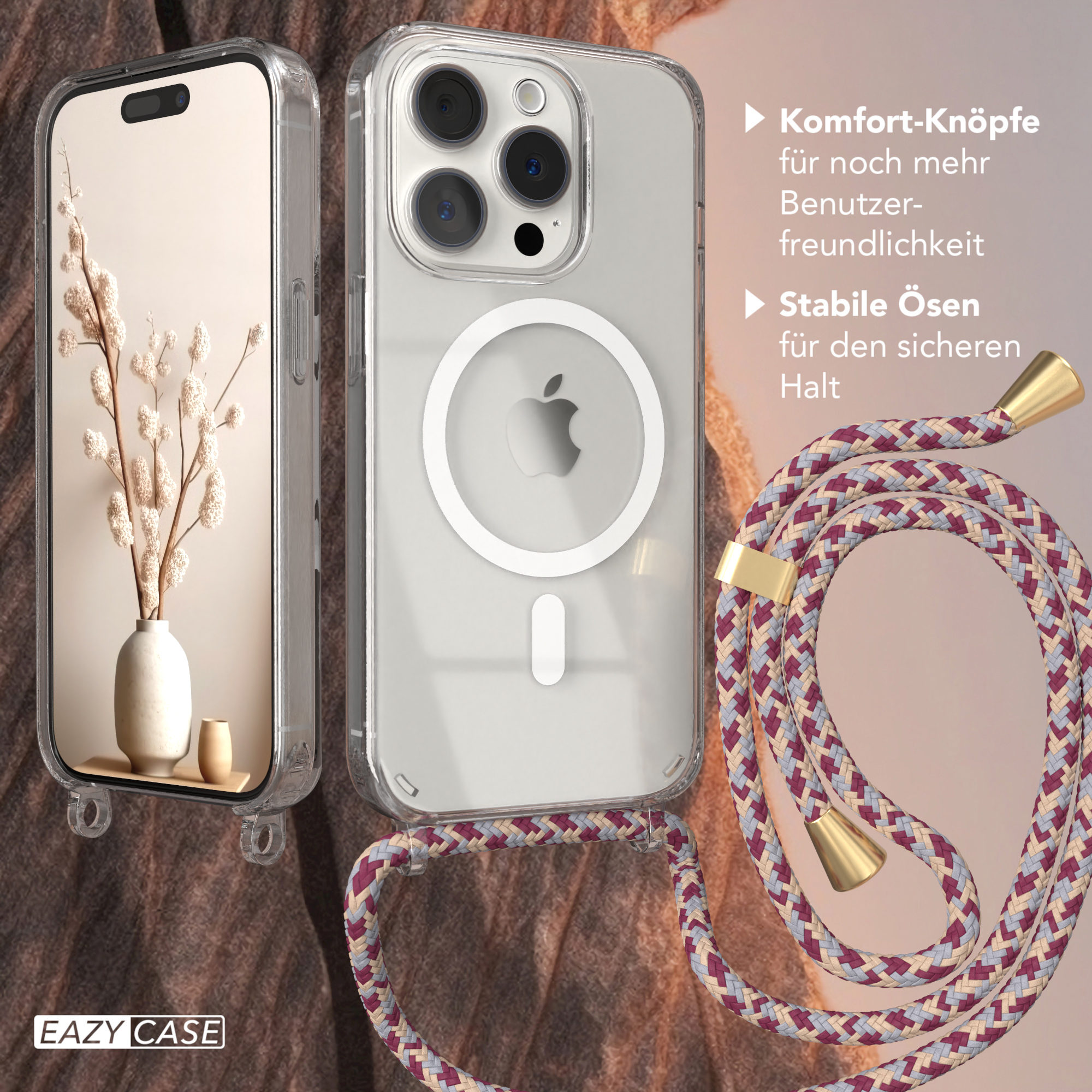 Eine transparente Handyhülle mit angebrachtem Schlüsselband und eine Vase mit weißen Blumen.