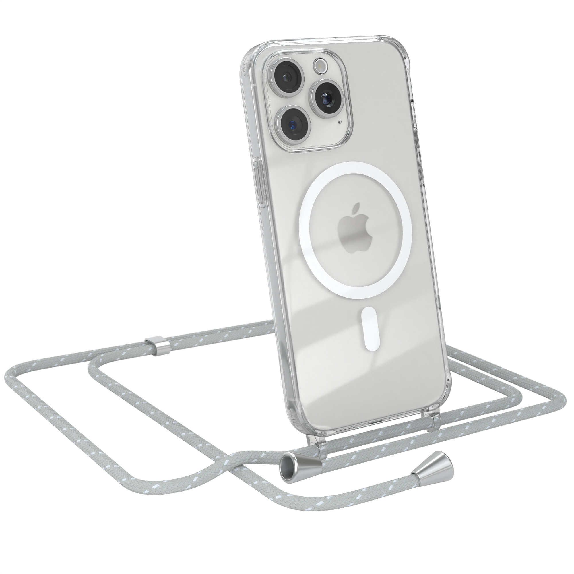 Eine transparente Handyhülle mit Apple-Logo und ein graues, gepunktetes Umhängeband.