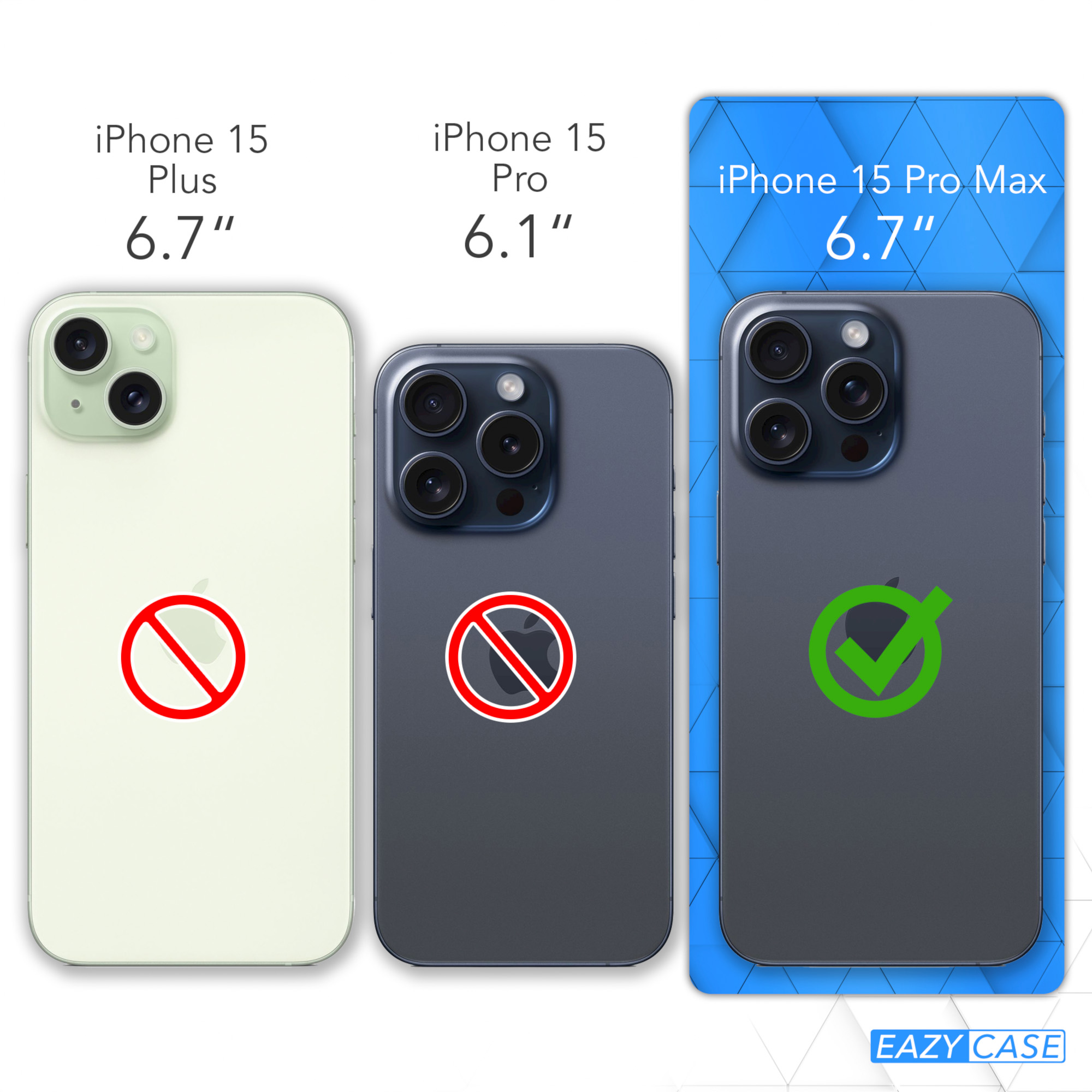 Drei Telefone. iPhone 15 Plus, Pro und Pro Max. Häkchen auf Pro Max. Keine Zeichen auf den anderen.