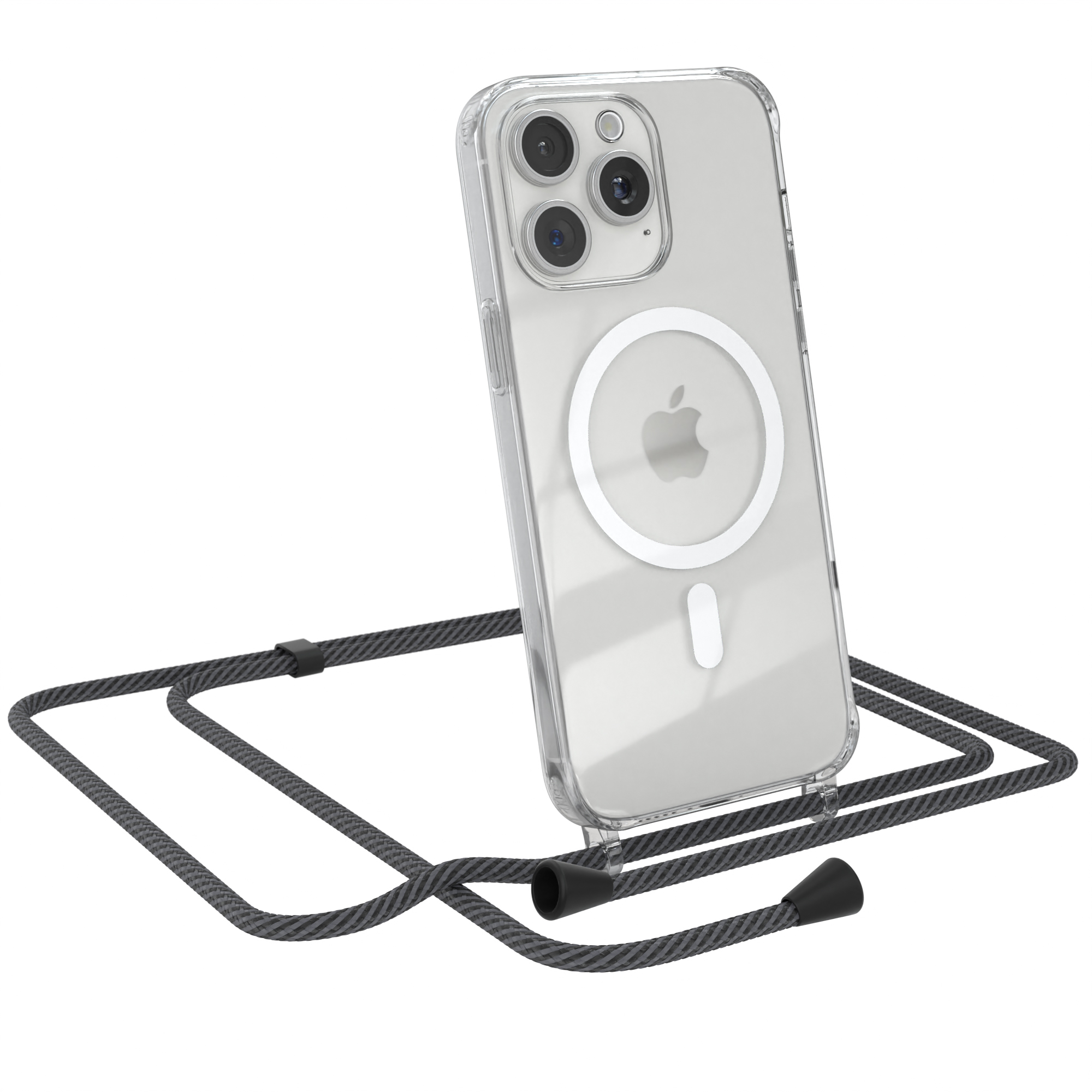 Transparente Handyhülle mit grauem Umhängeband. Telefon hat drei Kameras. Weißer Hintergrund.