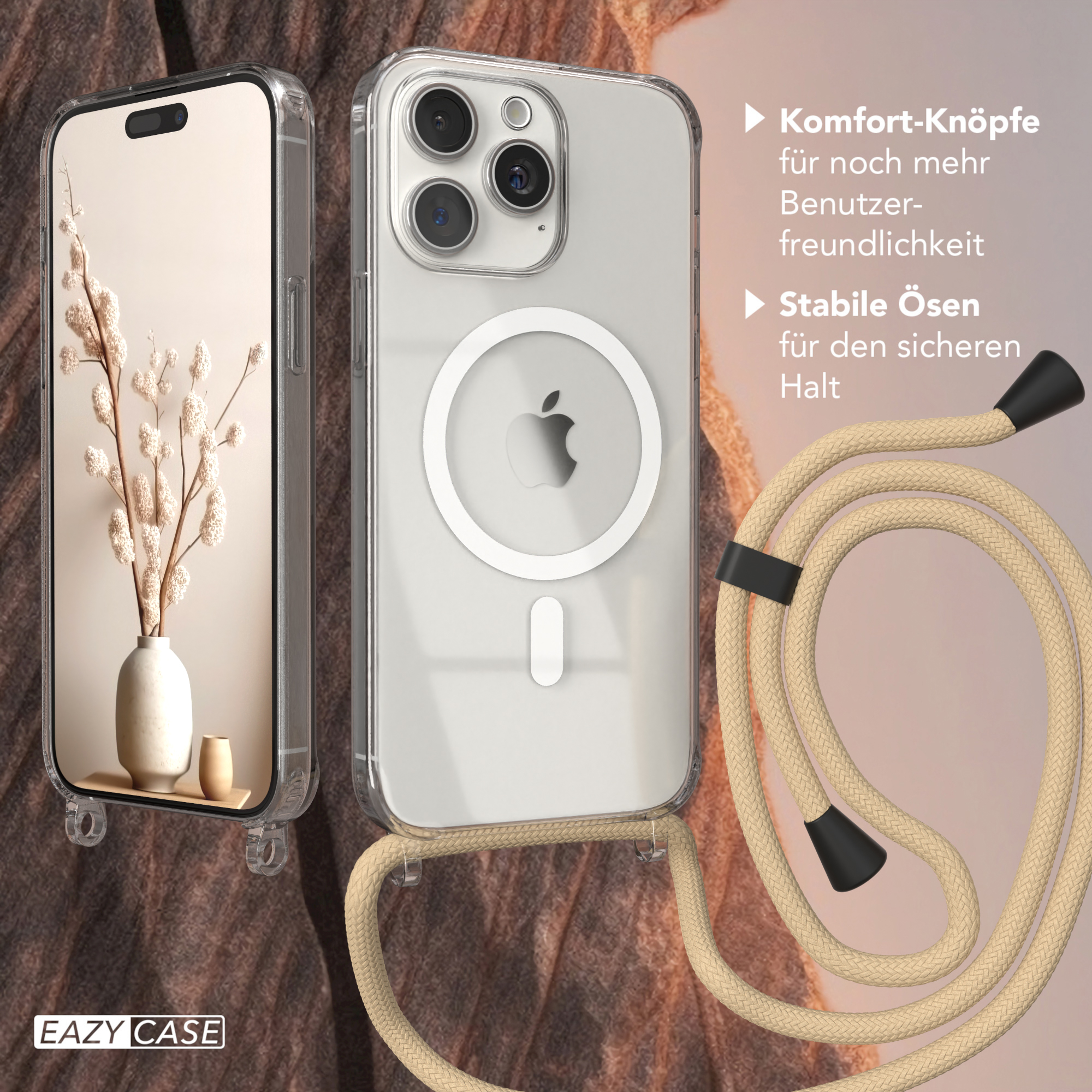 EAZY CASE Magsafe Hülle mit Max, Handykette, iPhone Pro Beige Taupe Apple, 15 Umhängetasche