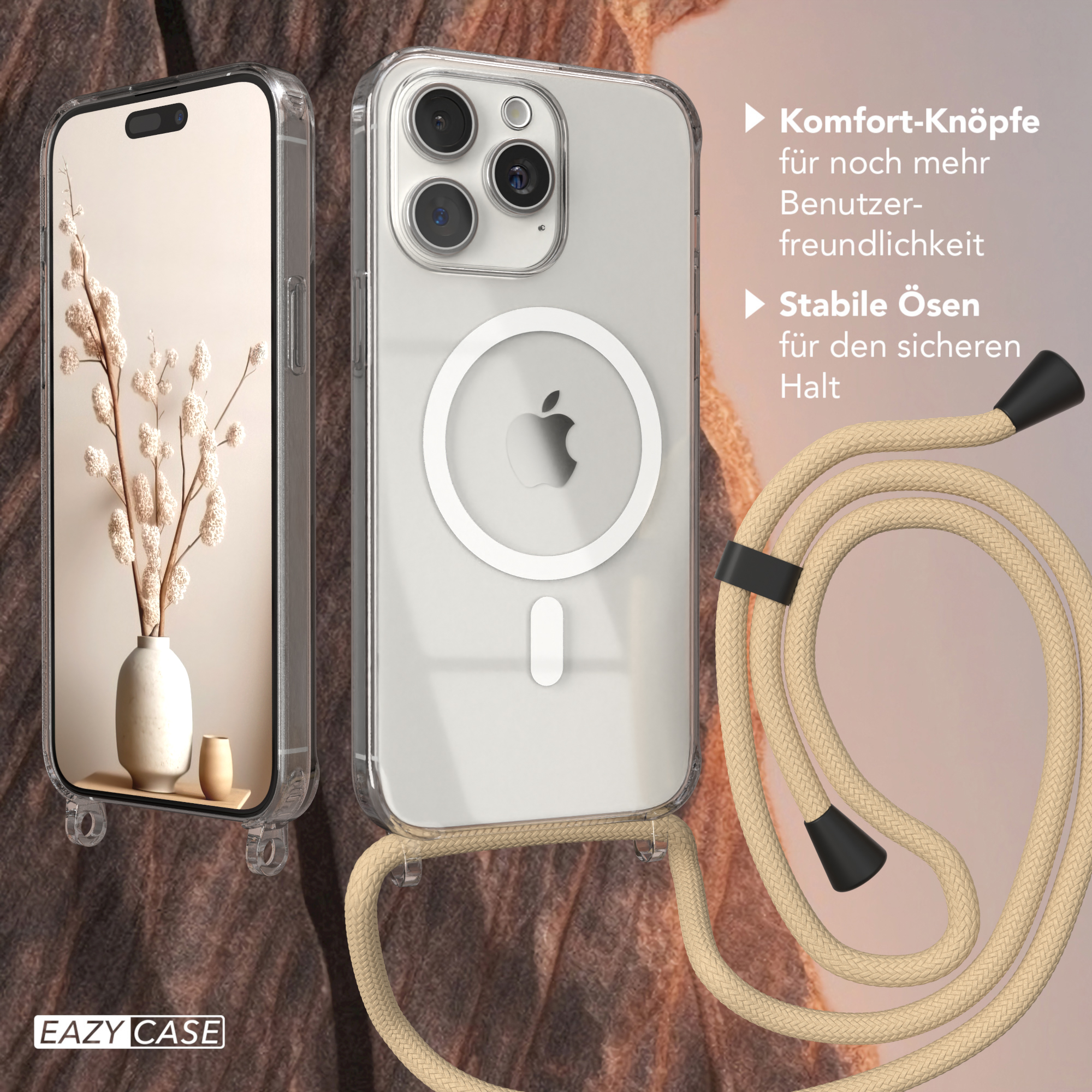 Eine Handyhülle und ein Telefon mit einem Riemen, neben einer Vase mit Zweigen. Der Hintergrund ist braun.