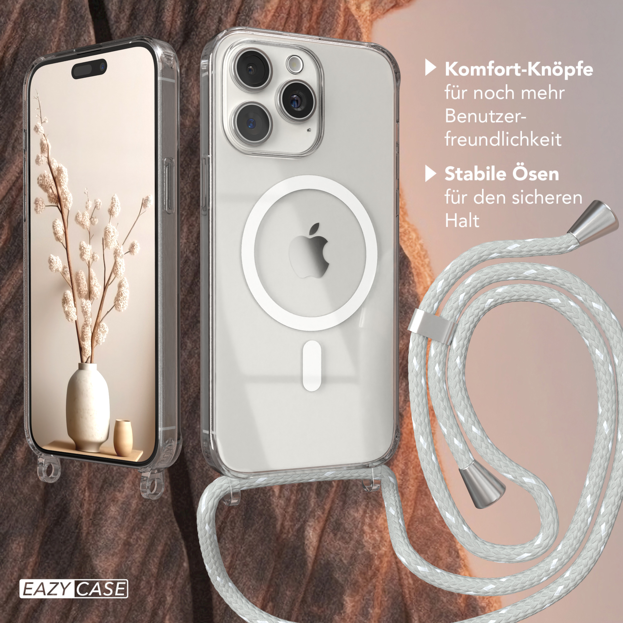 Telefon in einer durchsichtigen Hülle mit weißer Kordel. Das Telefon hat ein Apple-Logo und eine Vase.