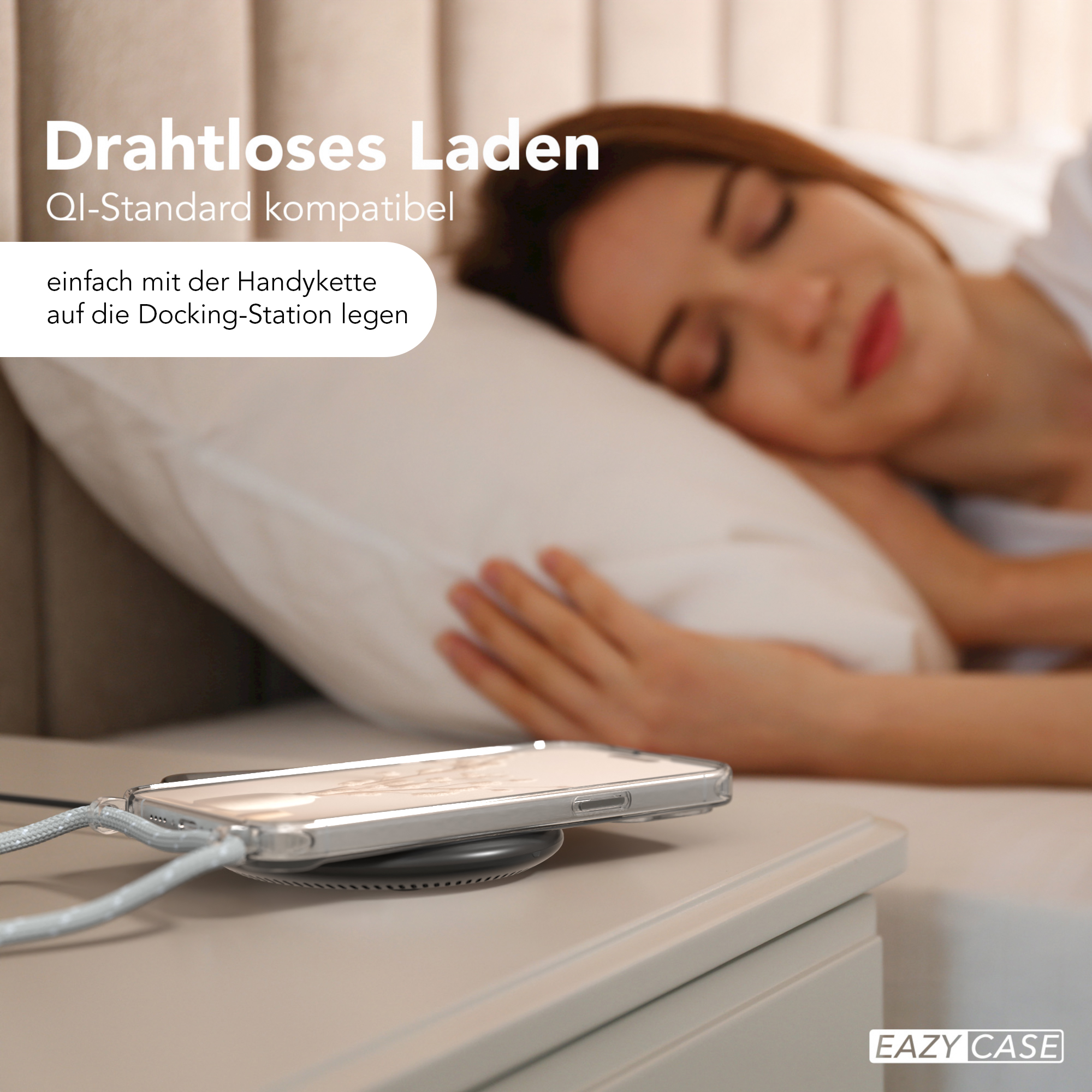 Eine schlafende Frau mit einem Telefon auf einer Ladestation auf einem Nachttisch. Text: "Drahtloses Laden".