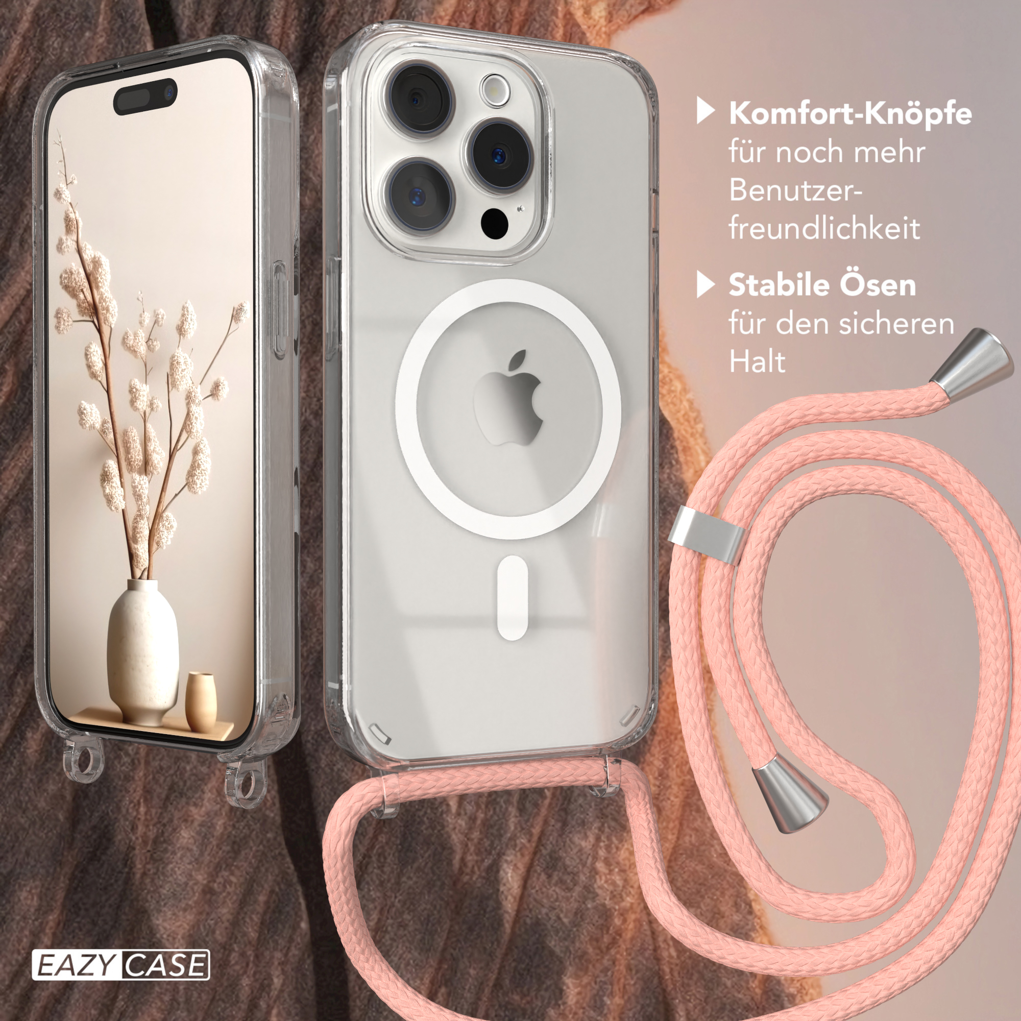 Telefon und Hülle mit weißem Kreildetail. Ein rosa Kordel ist an der Hülle befestigt.