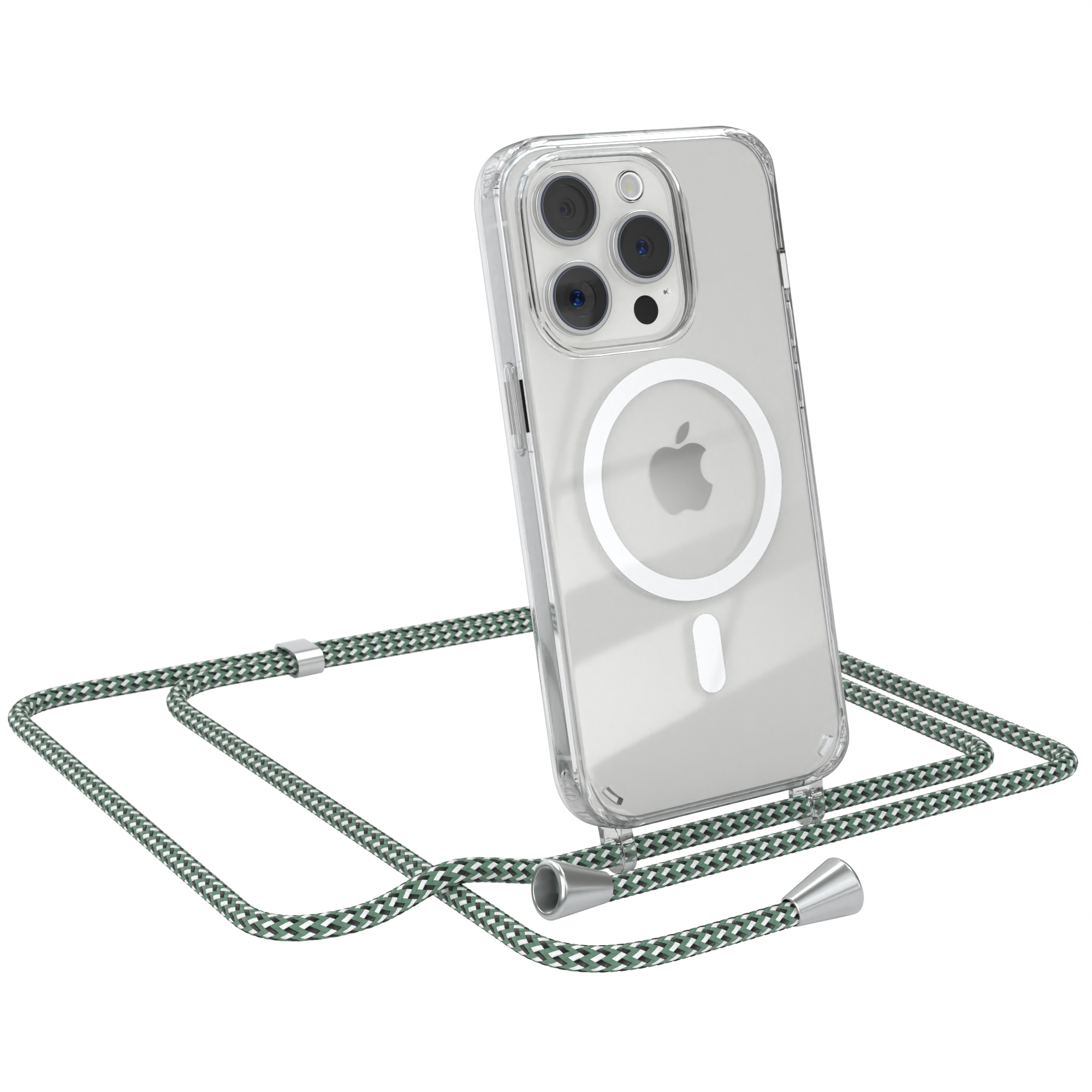 Transparente iPhone-Hülle mit Kordel. iPhone ist zentriert.