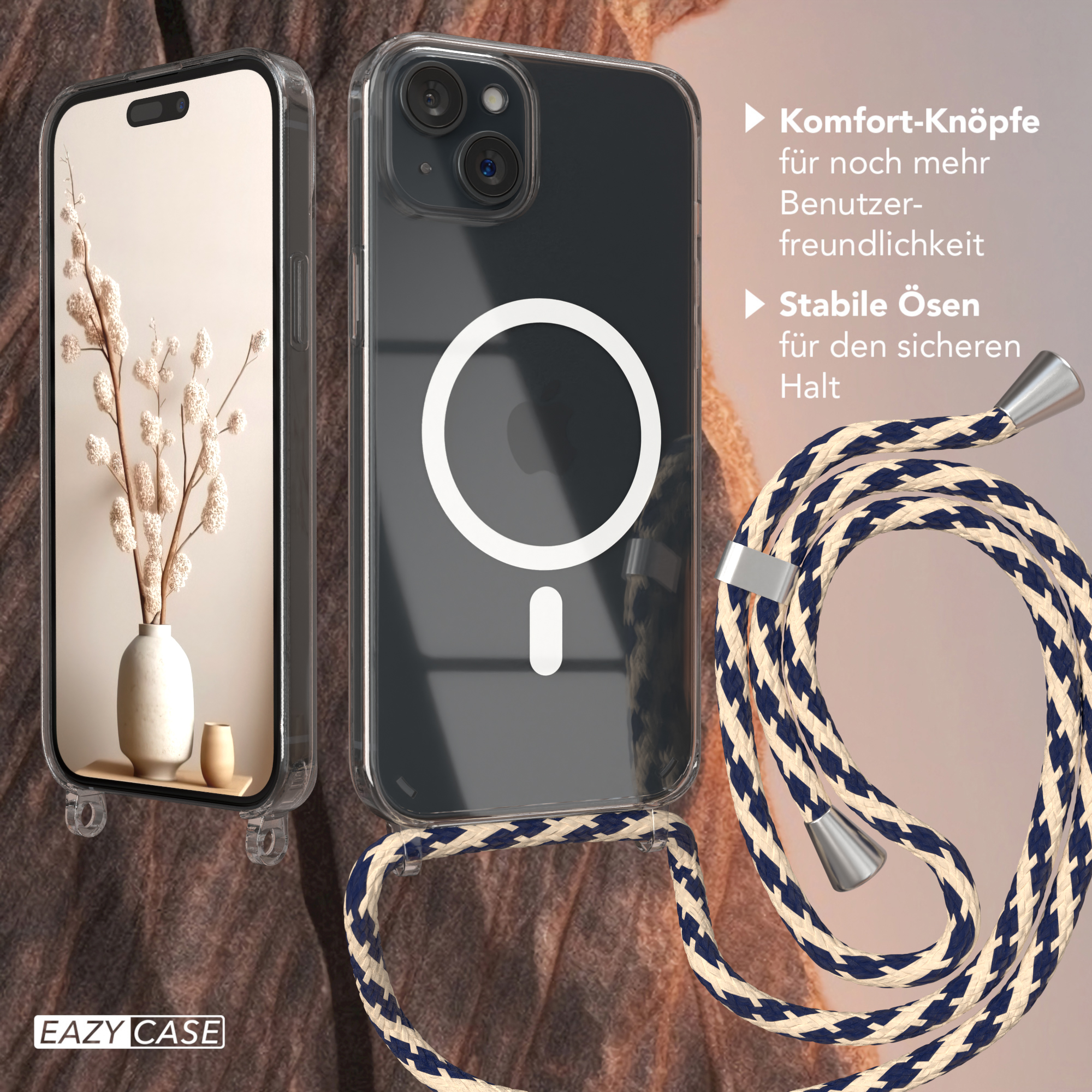 EAZY CASE Magsafe Hülle mit Camouflage iPhone 15 Plus, Handykette, Taupe Umhängetasche, Apple