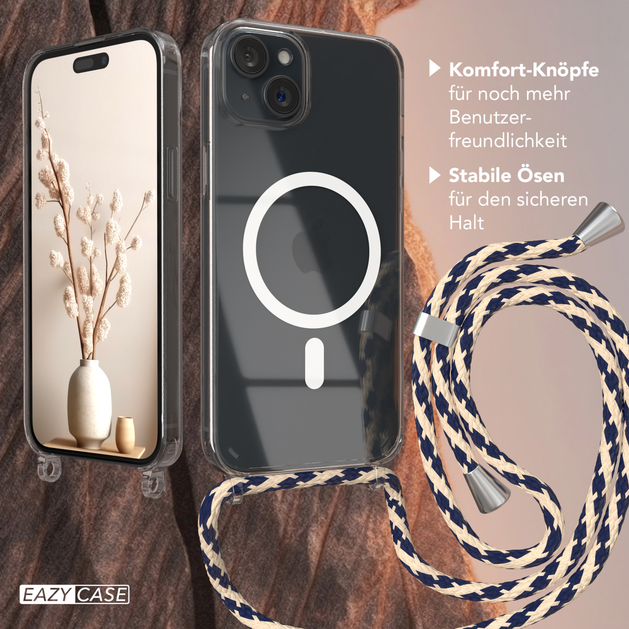 Handyhülle mit Telefon und Lanyard. Die Hülle ist transparent mit weißem Kreis und Lanyard.
