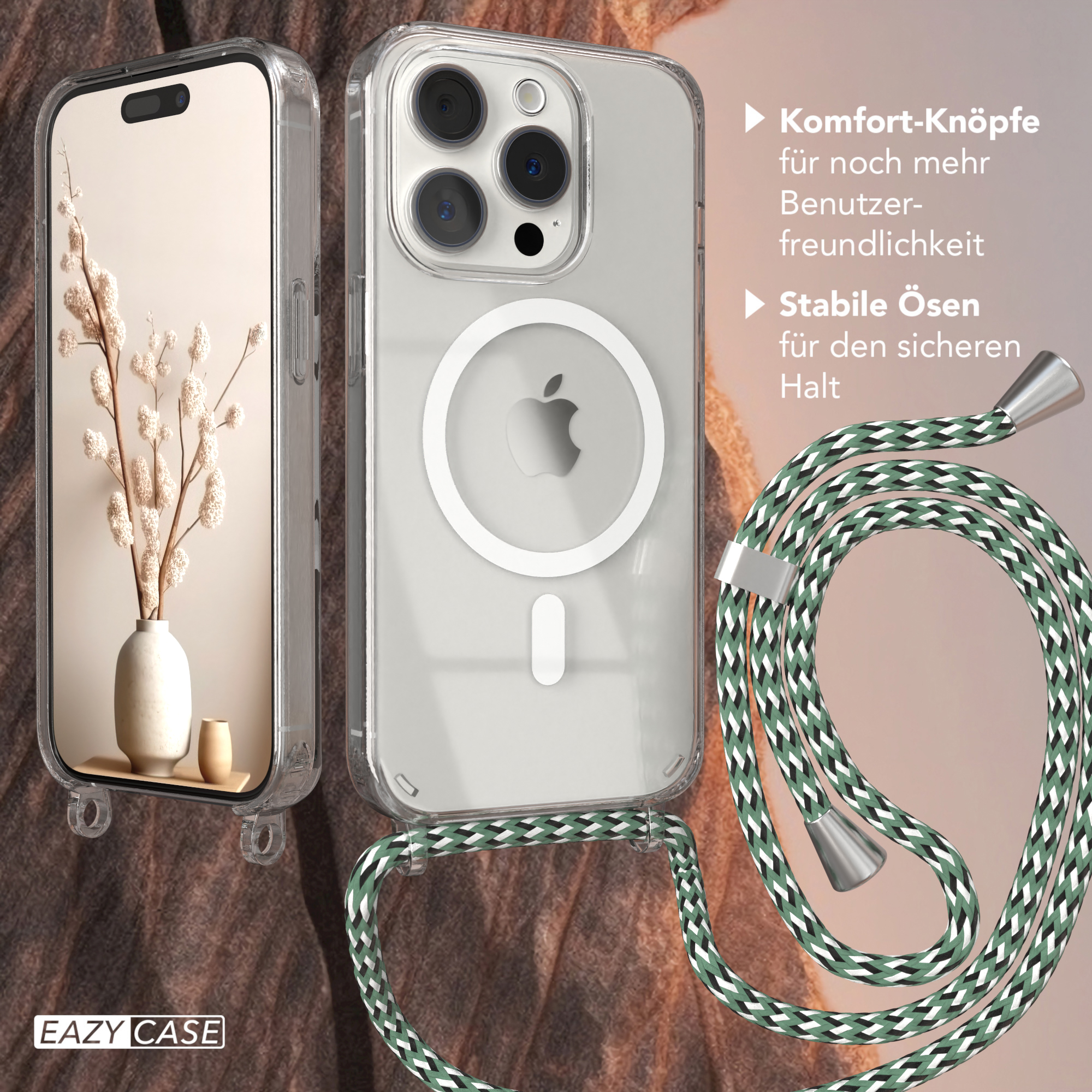 Transparente Handyhülle mit Lanyard und Vase mit Blumen.