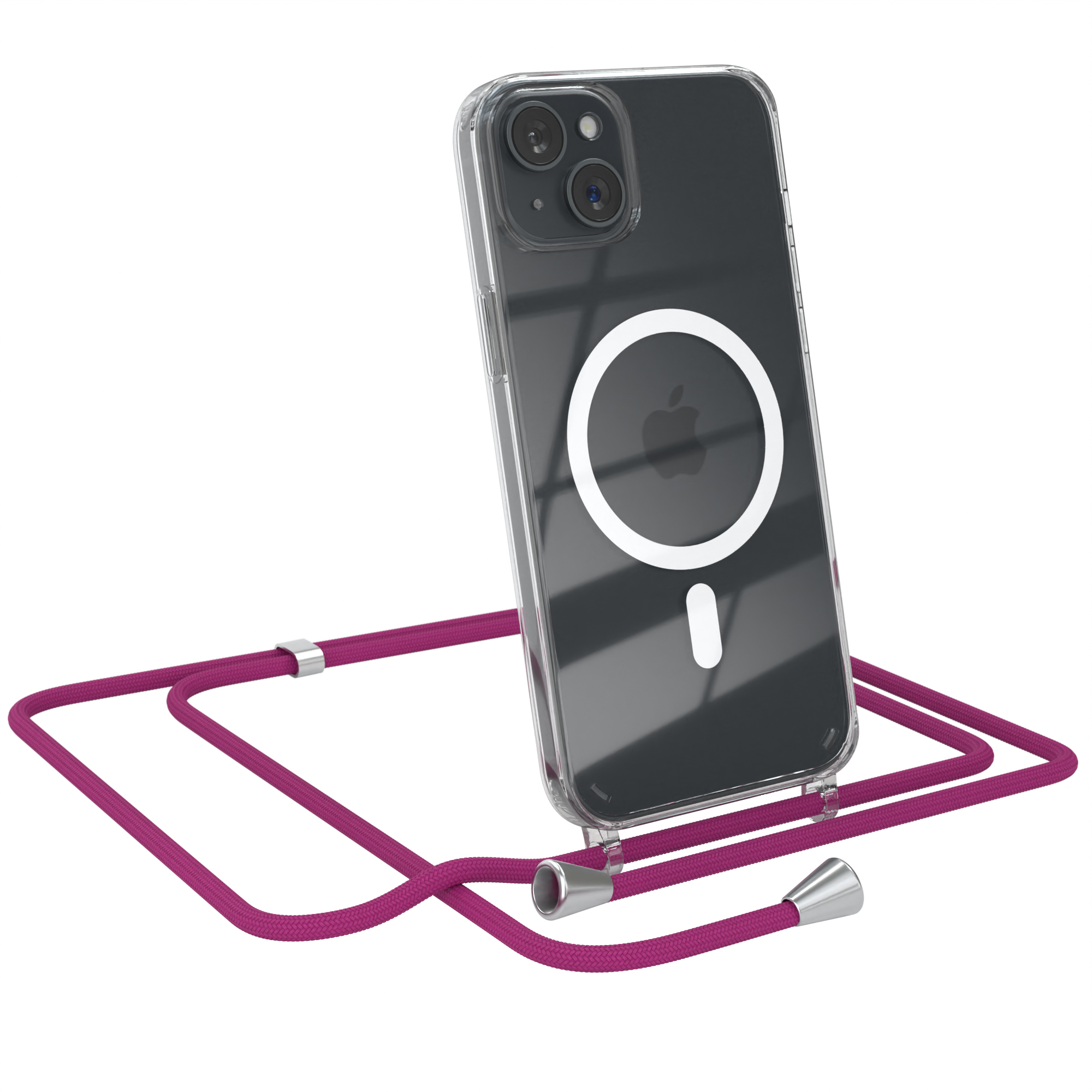 Ein Telefon in einer transparenten Hülle mit pinkfarbenem Riemen.
