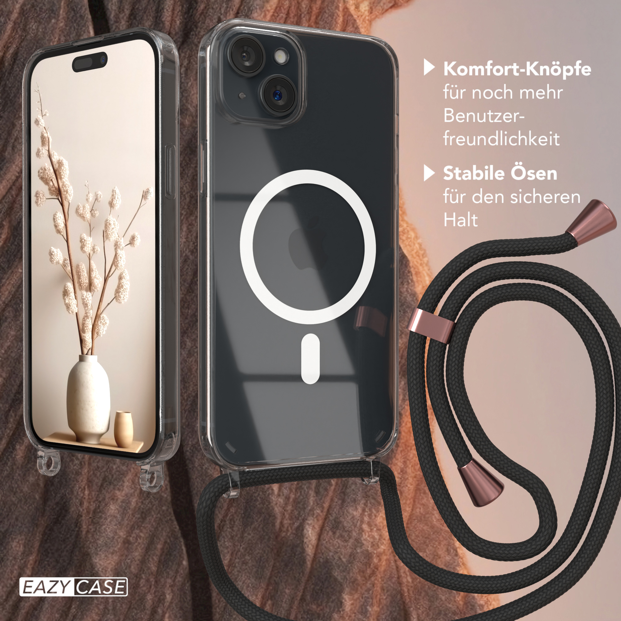 Zwei Telefone in transparenten Hüllen. Eines ist links mit Blumen, das andere zeigt ein schwarzes Telefon mit einem Schlüsselband.