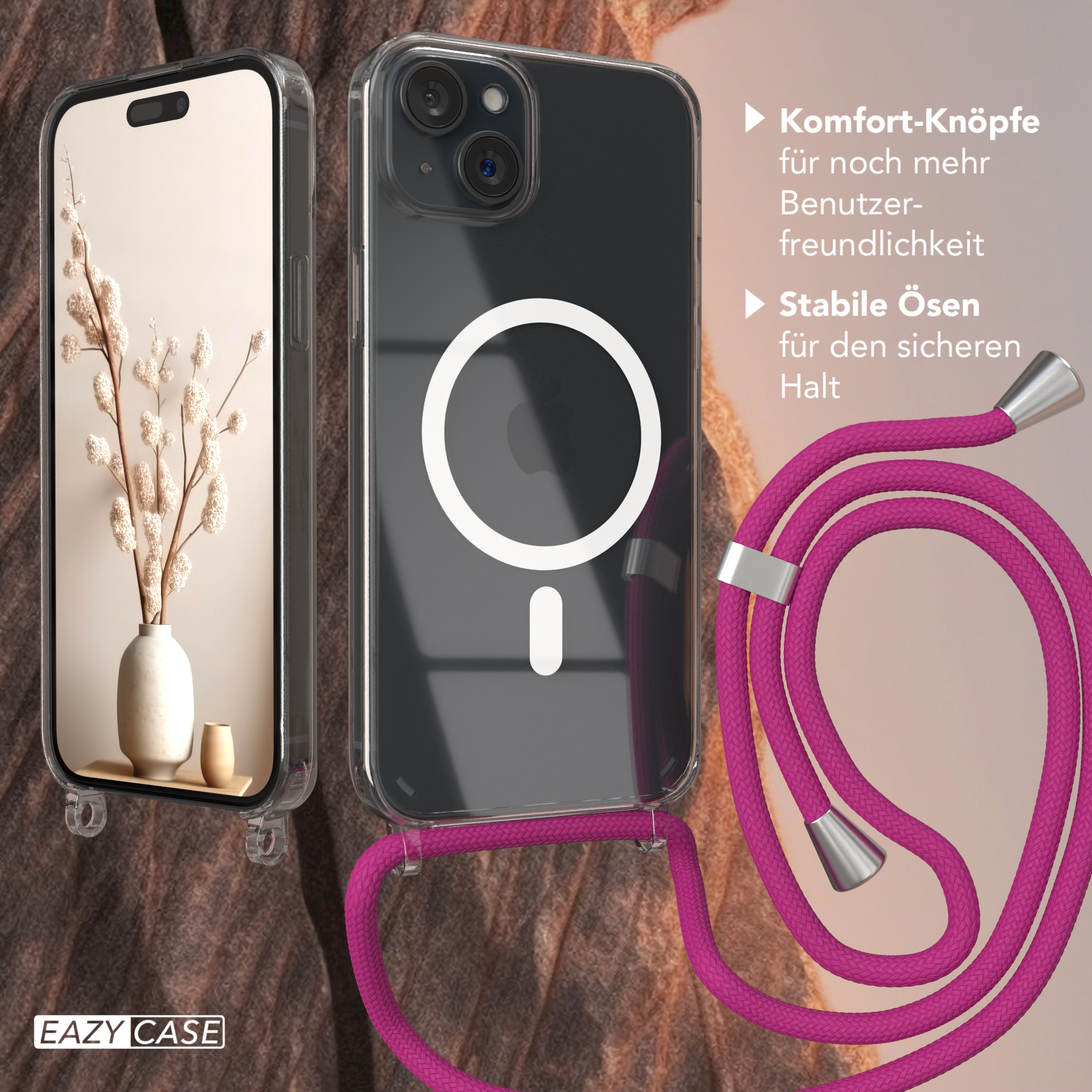 Transparente Handyhüllen mit Blumengesteck und pinkfarbener Handykordel.