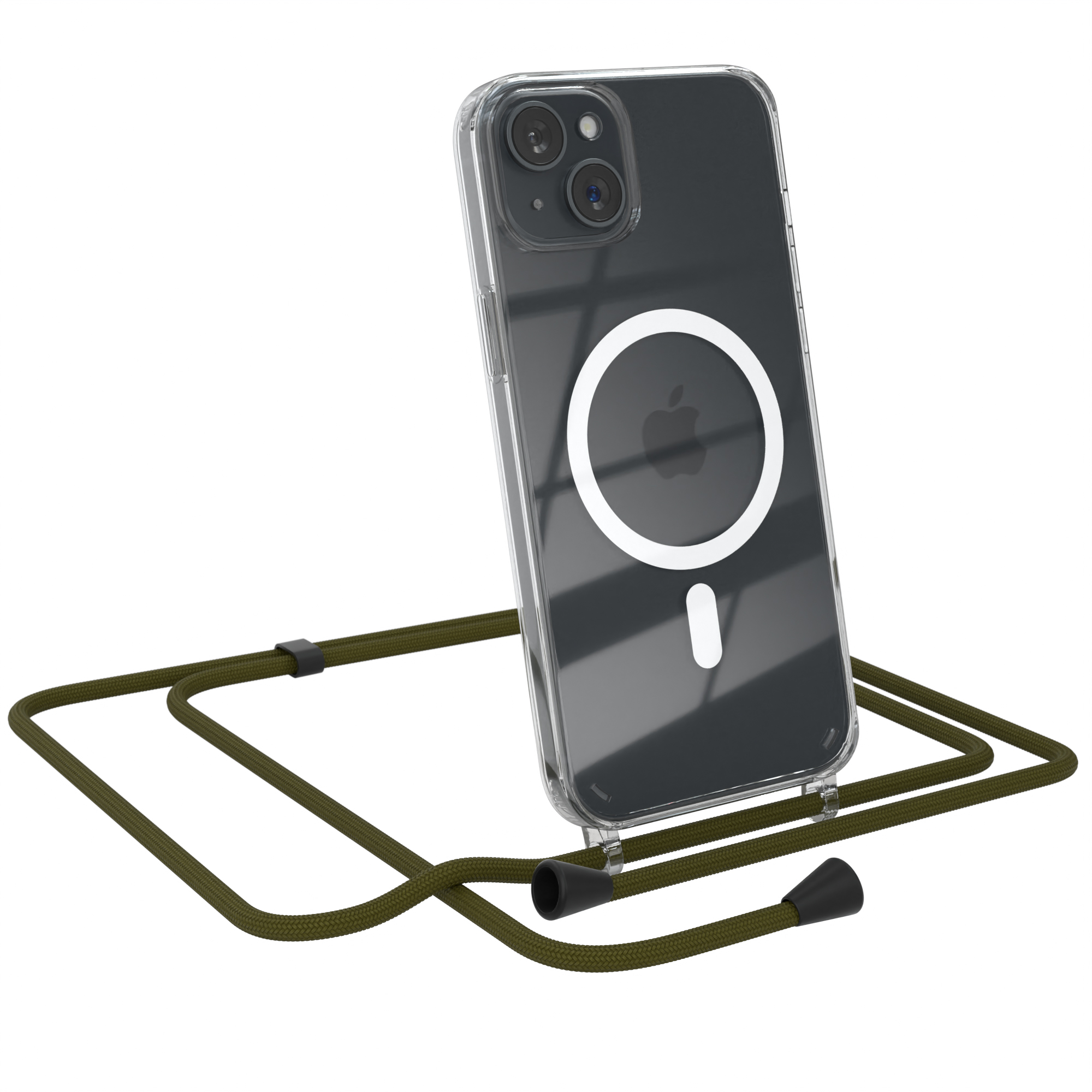 Transparente Handyhülle mit Telefon darin und ein Umhängeband. Das Umhängeband ist olivgrün. Der Hintergrund ist weiß.