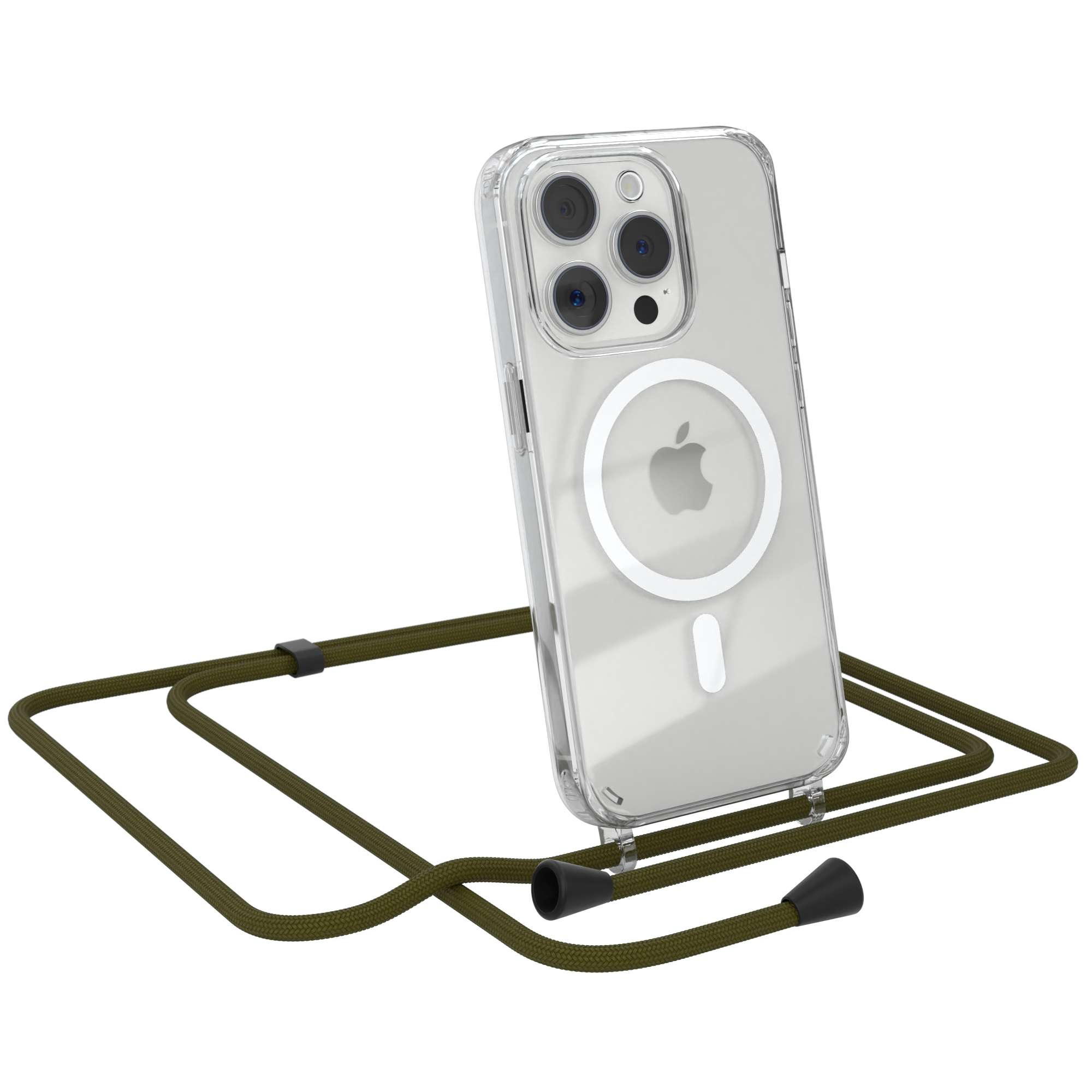 Eine transparente Handyhülle mit Apple-Logo und ein grünes Umhängeband.