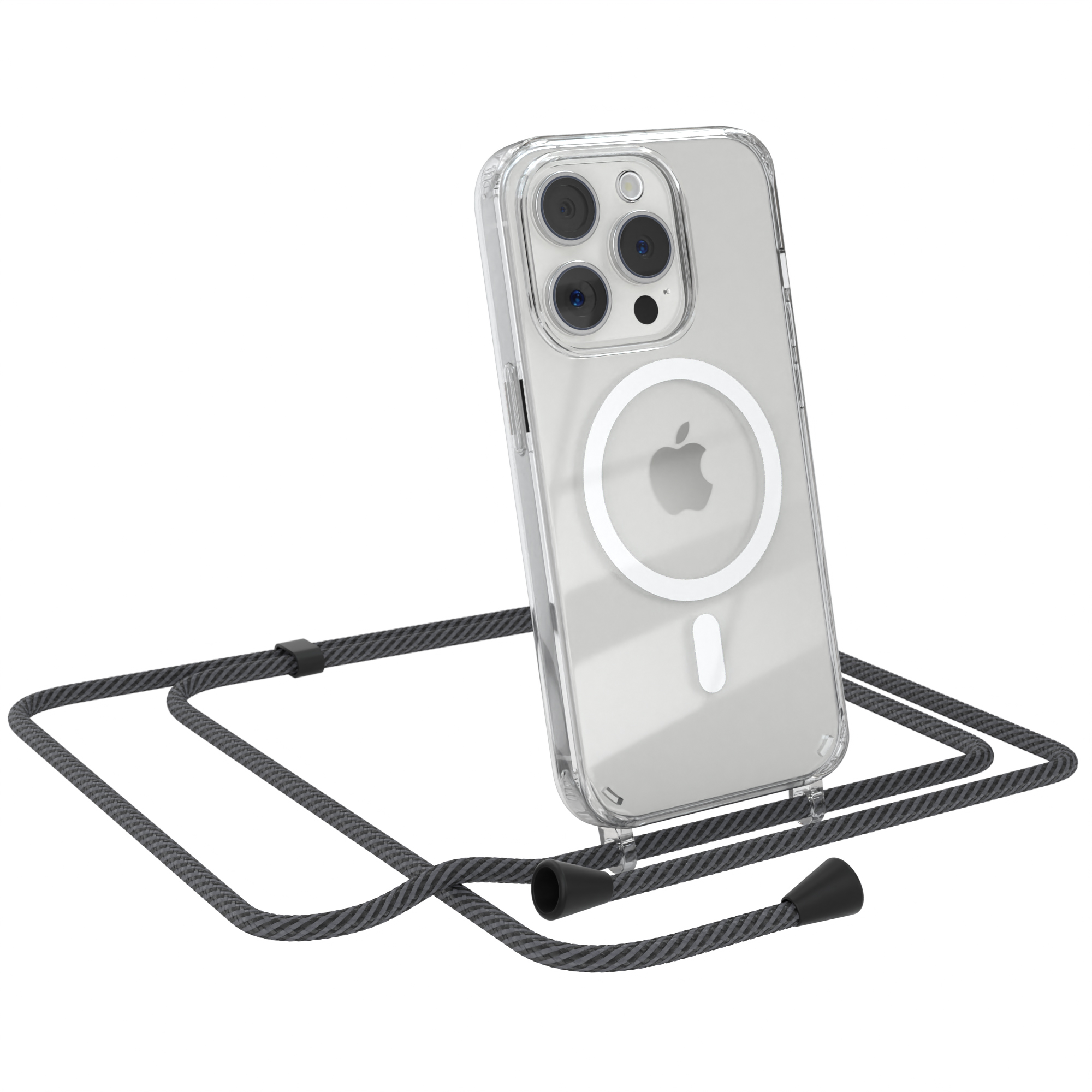 Eine transparente Handyhülle mit einem Telefon darin und einem grauen Kabel. Der Hintergrund ist weiß.