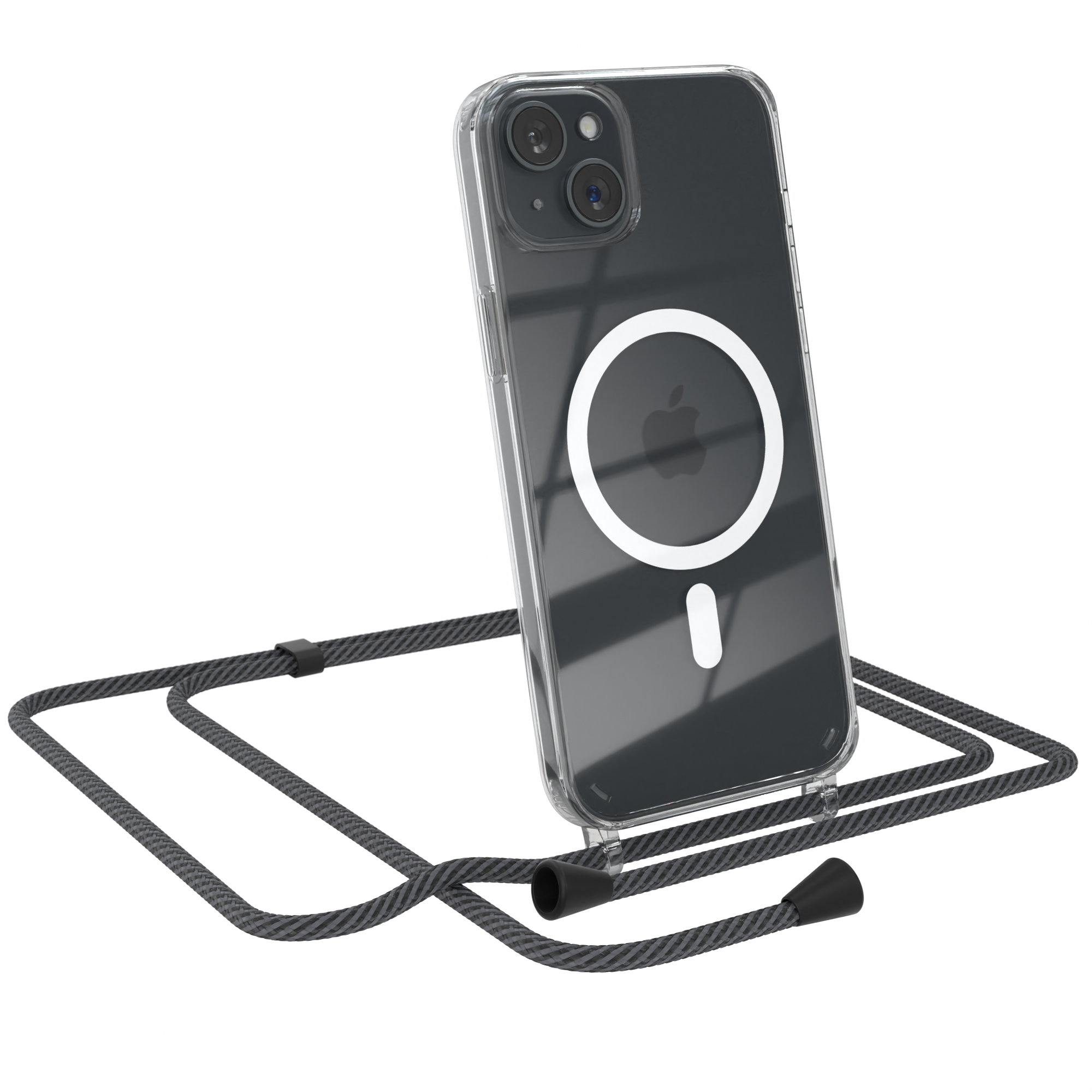 Transparente Telefonhülle mit Lanyard. Hülle hat MagSafe-Ring und Apple-Logo. Lanyard ist grau und schwarz.