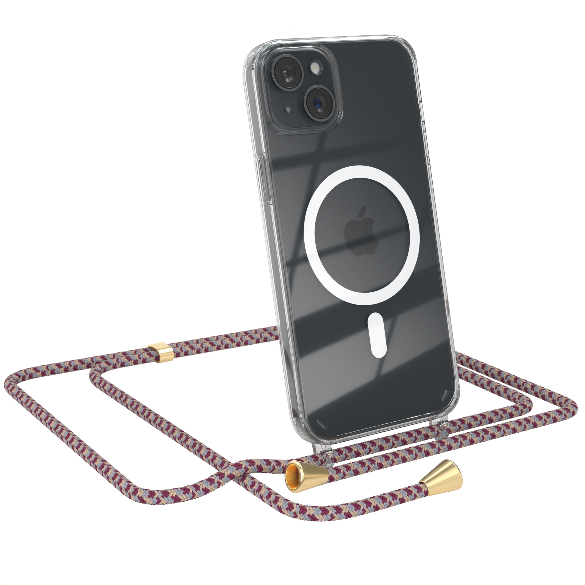 Eine transparente Handyhülle mit Kordel. Ein Telefon befindet sich in der Hülle.