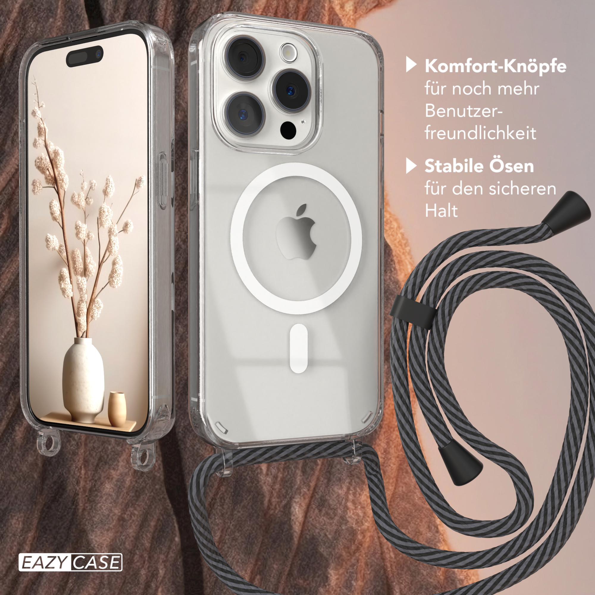 Handyhülle, transparent mit weißem Kreis, mit Telefon darin und dekorativem Umhängeband.